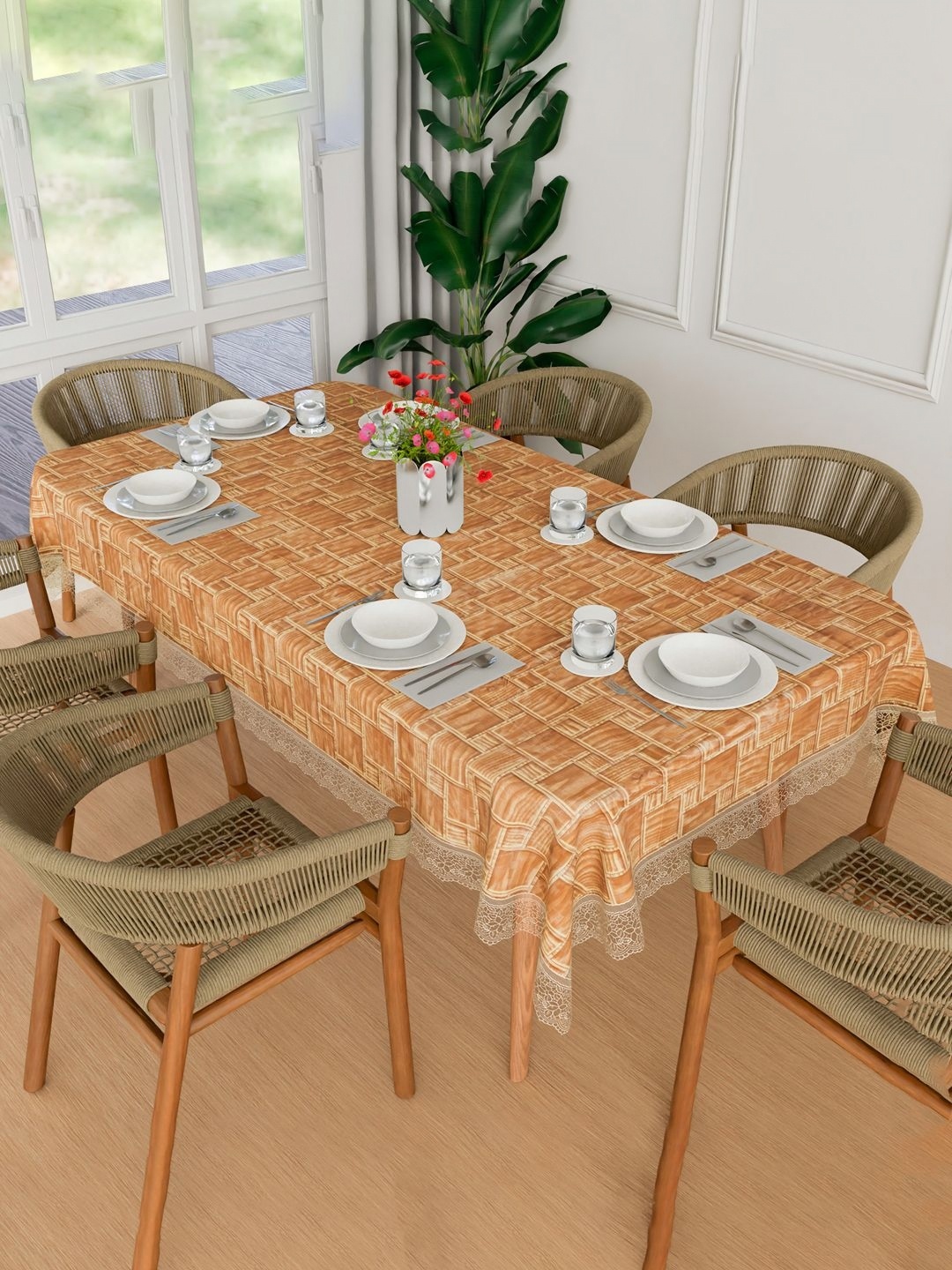 

Kuber Industries Gold-Toned & Beige Geometric Printed Waterproof 6-Seater Table Cover