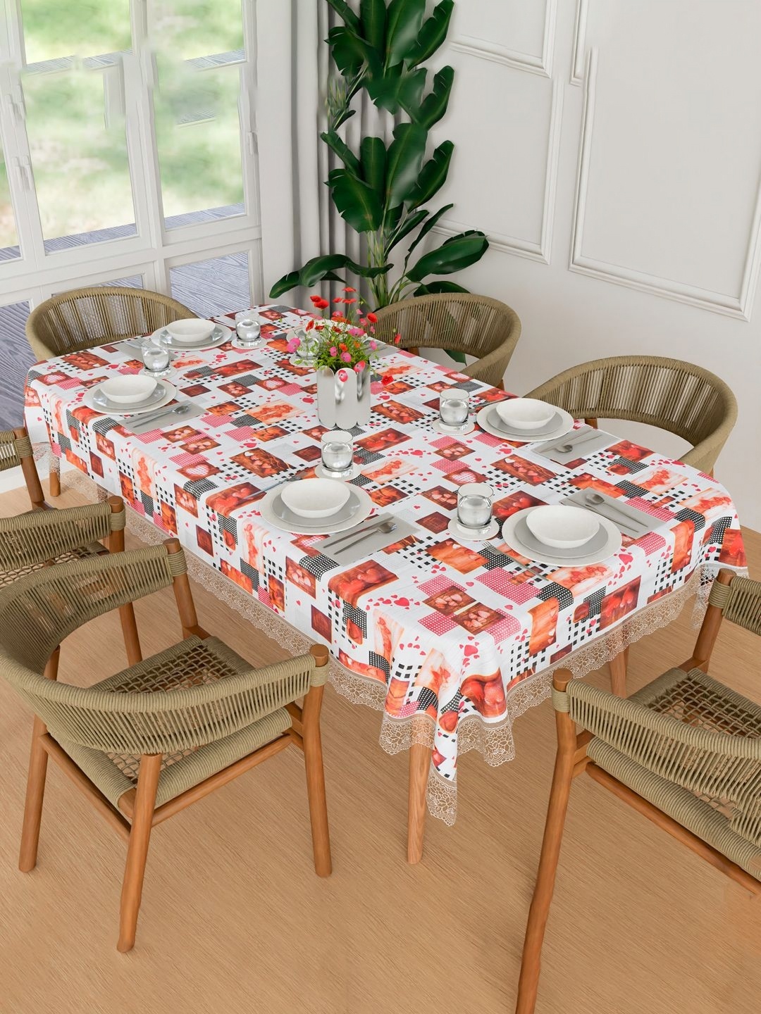 

Kuber Industries White & Red Geometric Printed Waterproof 6-Seater Table Cover