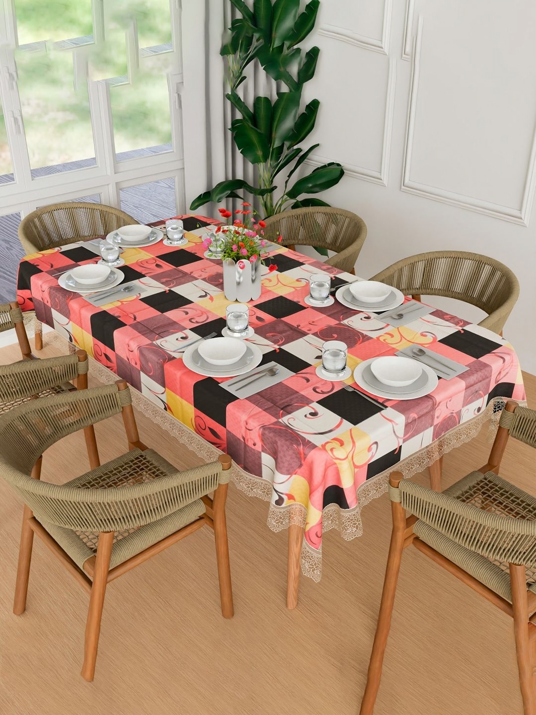 

Kuber Industries Pink & Black Geometric Waterproof Plastic 6-Seater Table Cover