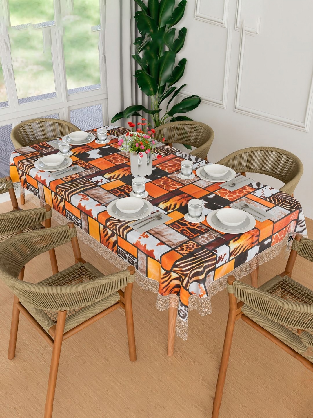

Kuber Industries Brown & Orange Geometric Printed Rectangle Waterproof Table Cover
