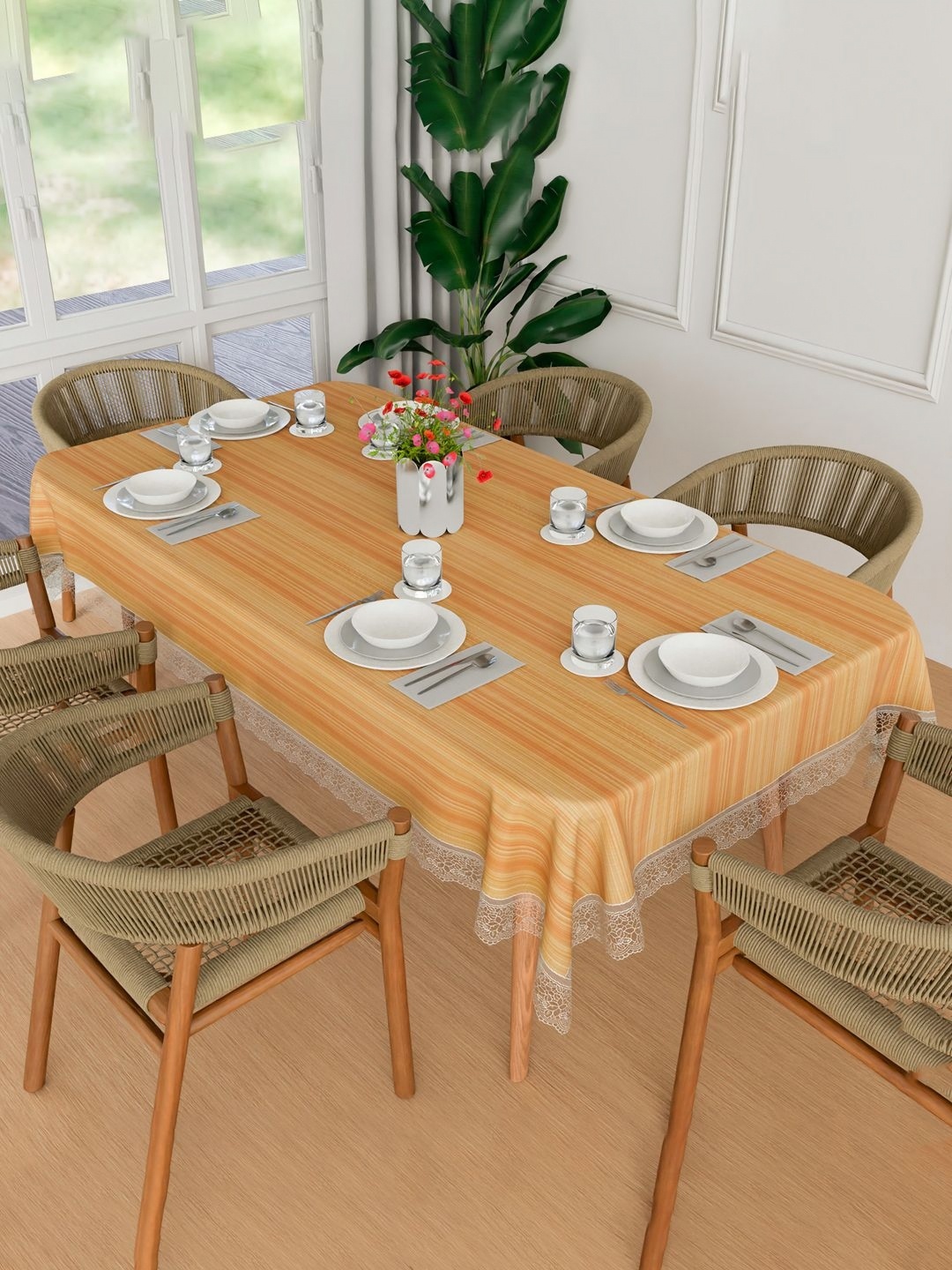 

Kuber Industries Gold-Toned Striped Waterproof 6-Seater Table Cover