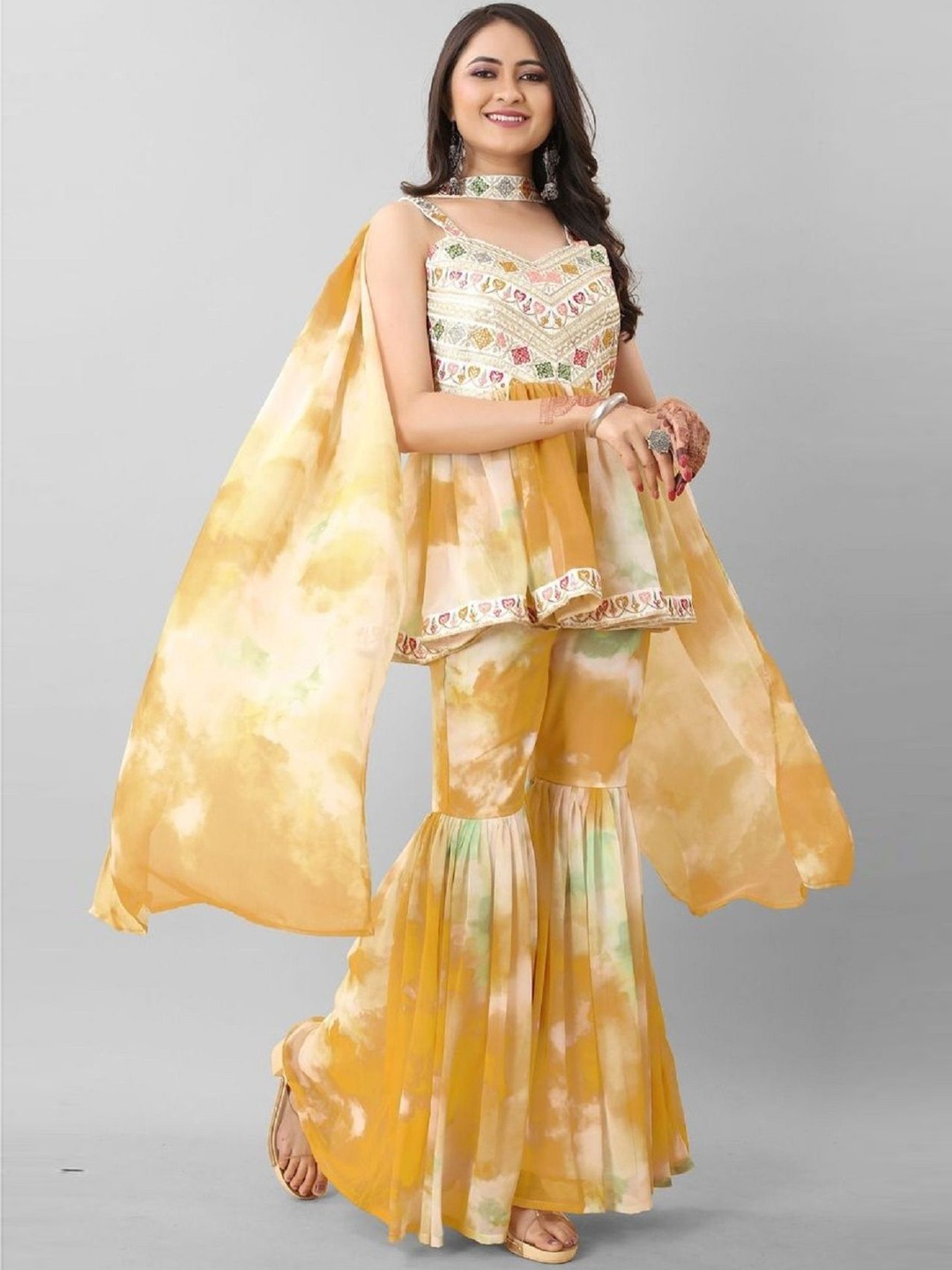 

KALINI Women Floral Embroidered Pleated Thread Work Kurti with Sharara & With Dupatta, Yellow