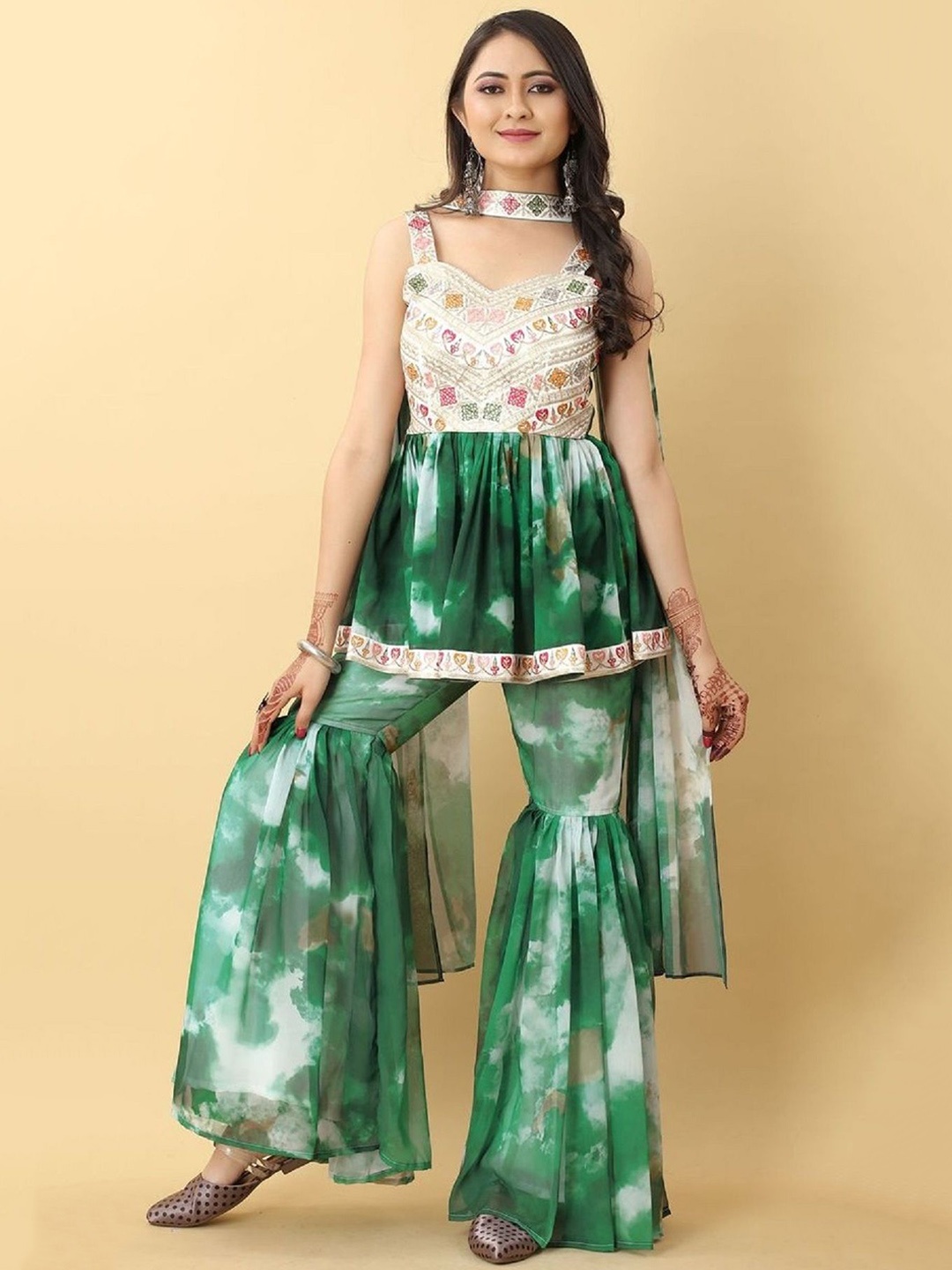 

KALINI Abstract Printed Thread Work Georgette Anarkali Kurti with Sharara & Dupatta, Green
