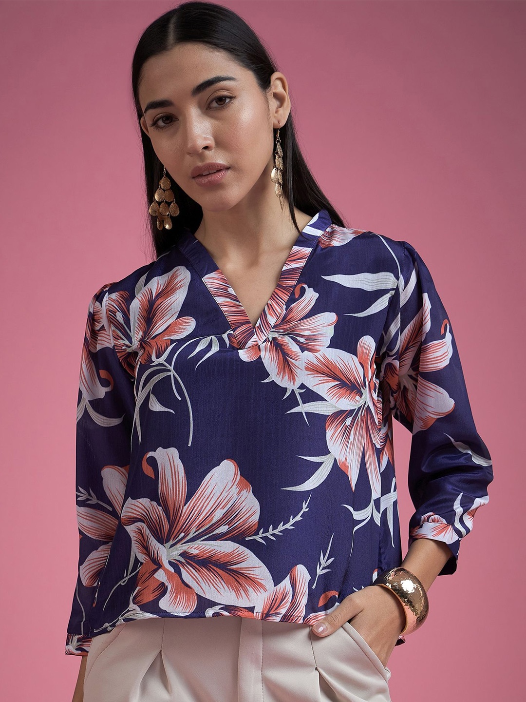 

DressBerry Women Floral Printed Wrap Long Sleeves Top, Blue