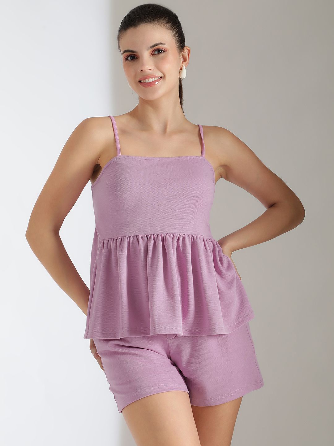

Kotty Purple Shoulder Straps Top With Shorts