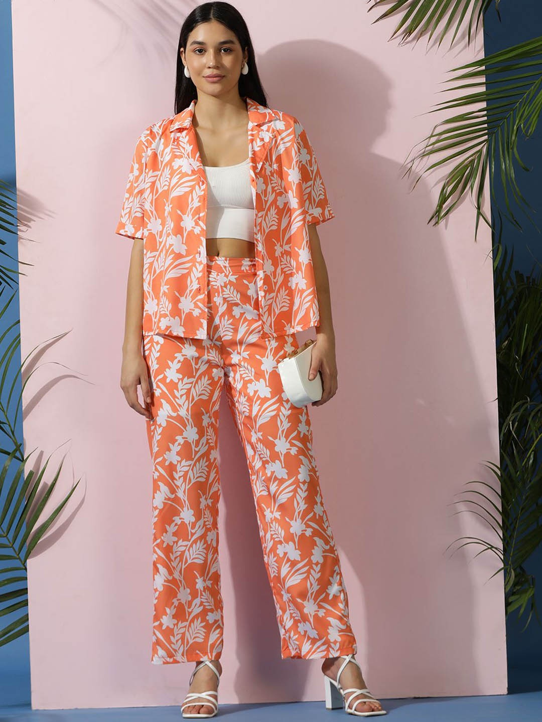 

Kotty Orange Floral Printed Shirt Collar Shirt With Trousers