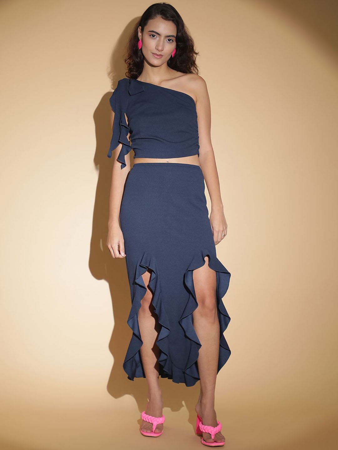 

Kotty Navy Blue One Shoulder Top With Skirt