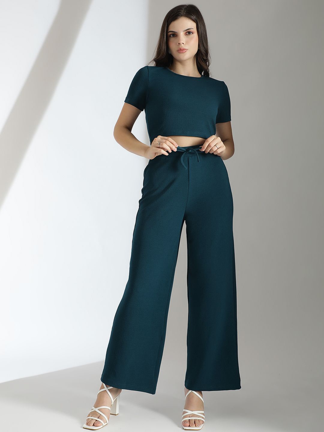 

KOTTY Basics Teal Green Round Neck Top With Flared Trousers