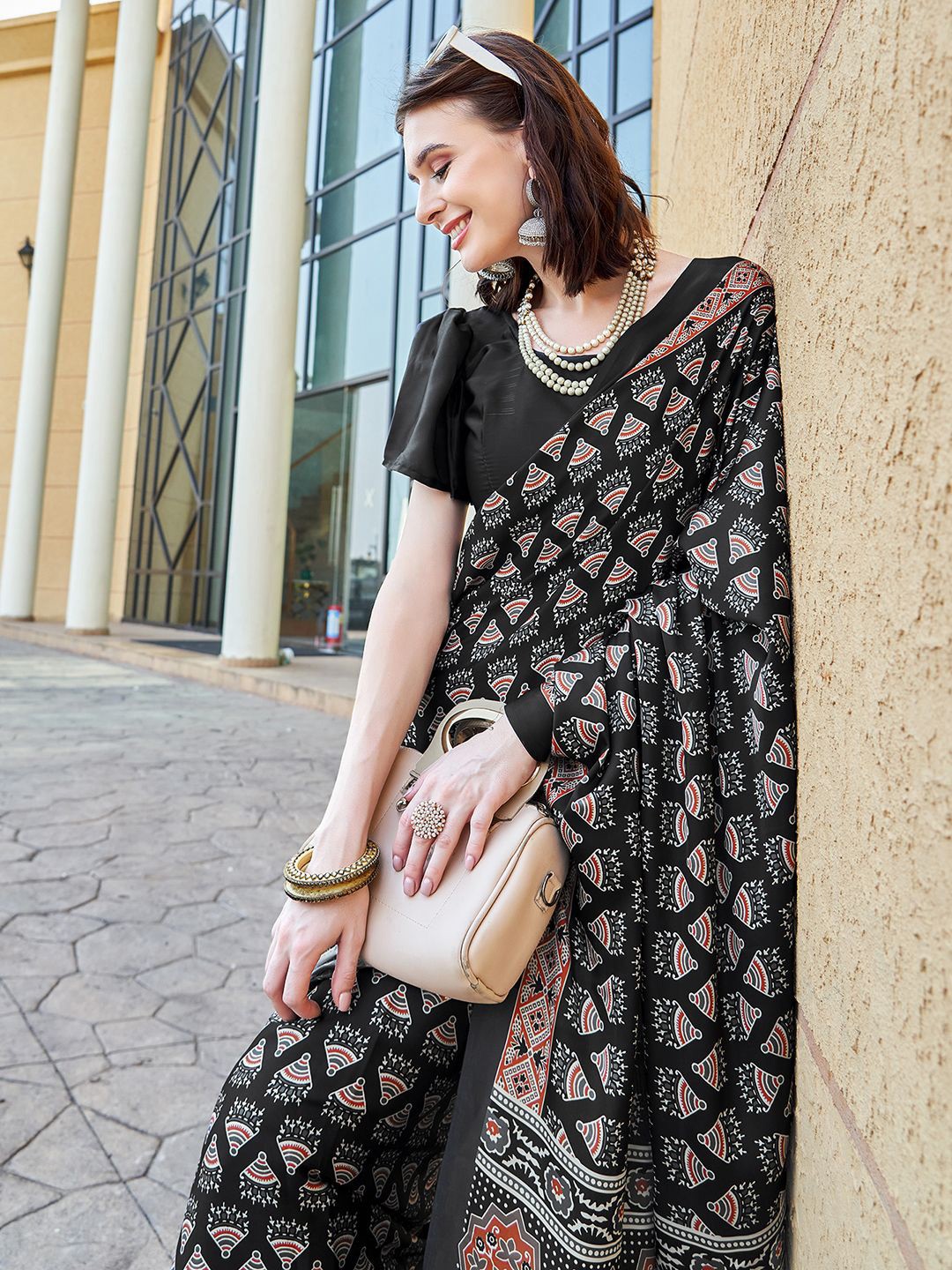 

KALINI Ethnic Motifs Satin Muga Saree, Black