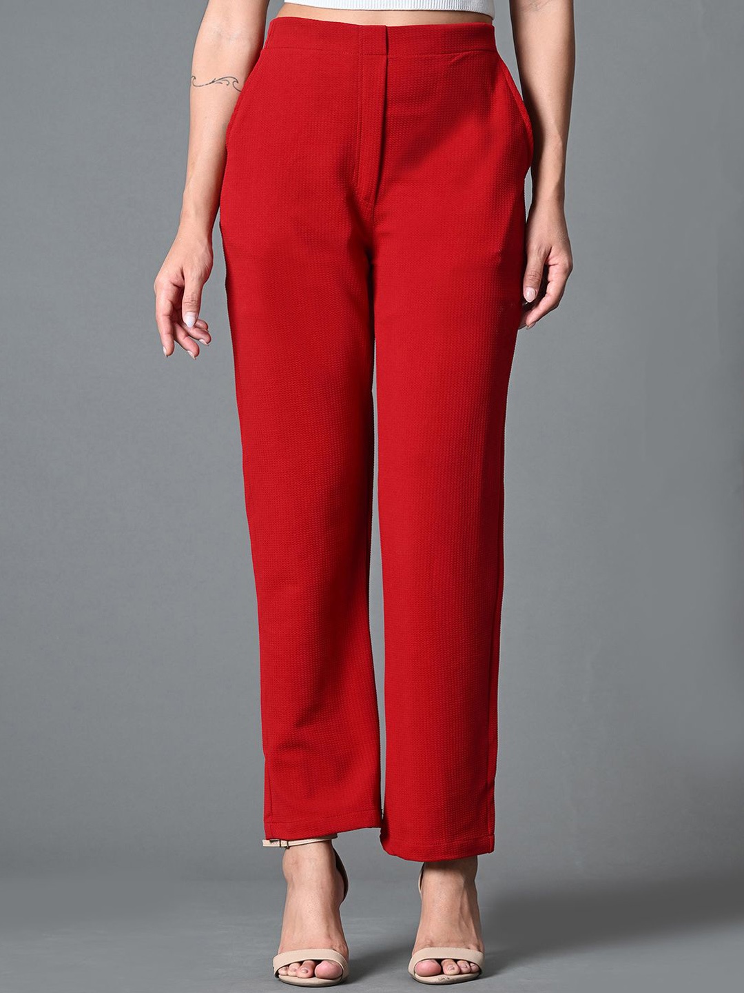 

The Roadster Lifestyle Co Solid Straight-Fit High Waist Straight Trousers, Red