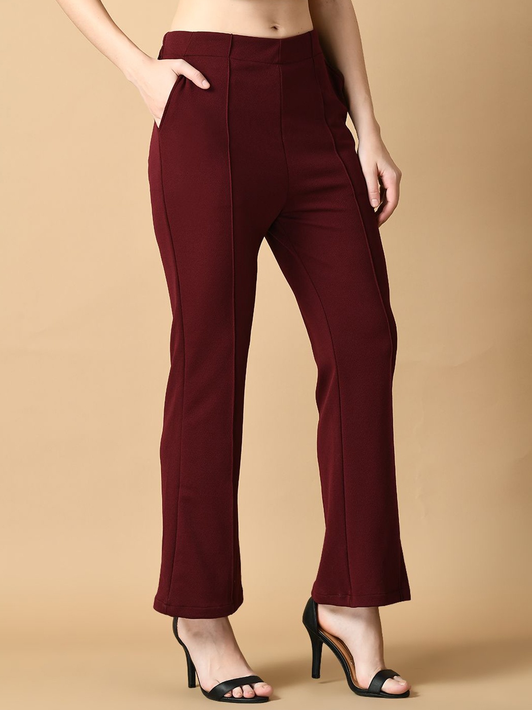 

The Roadster Lifestyle Co Women Flared-Fit Flared Embellished Trousers, Magenta