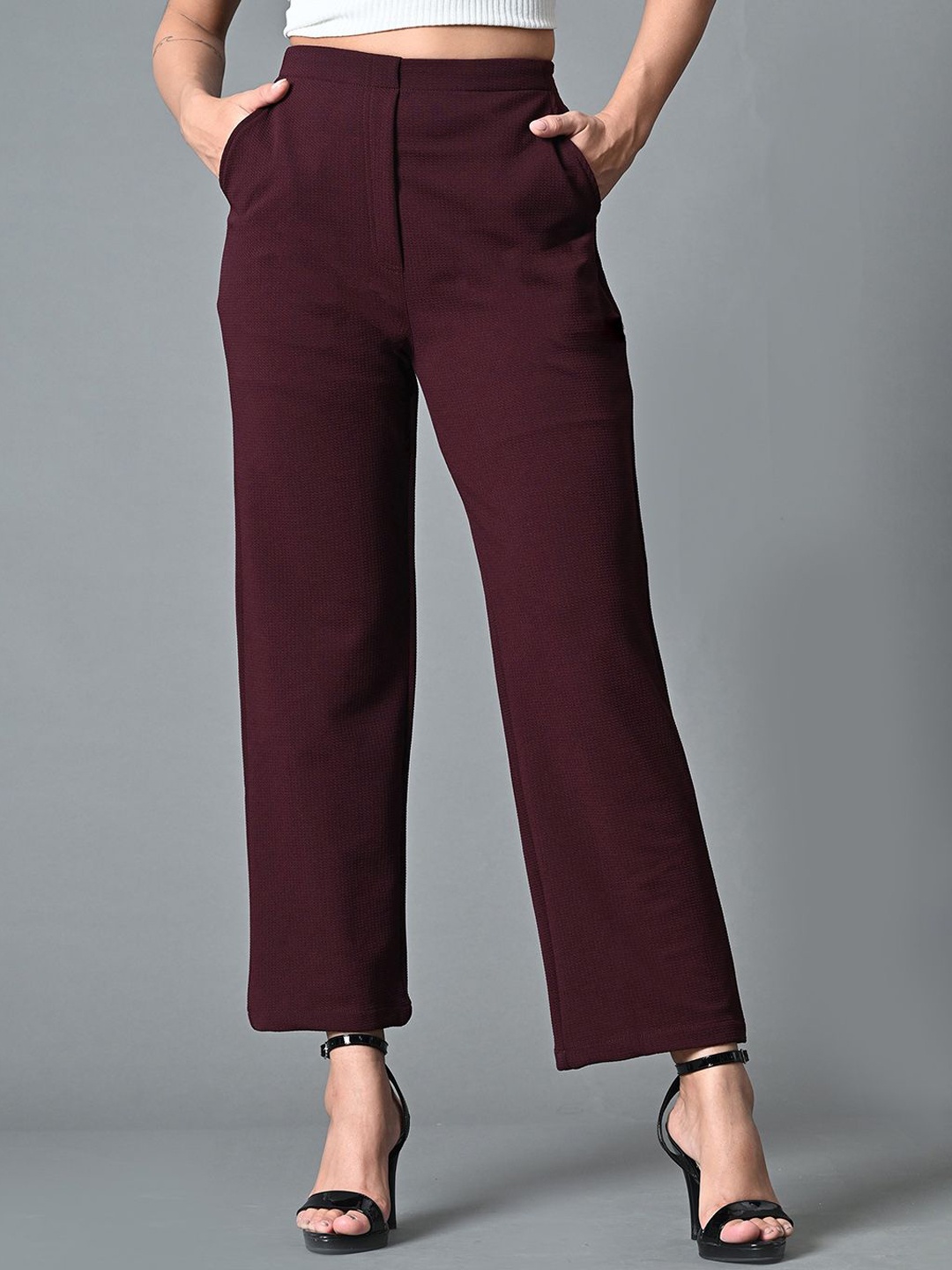

The Roadster Lifestyle Co Women Straight Fit High Rise Wrinkle Free Trousers, Maroon