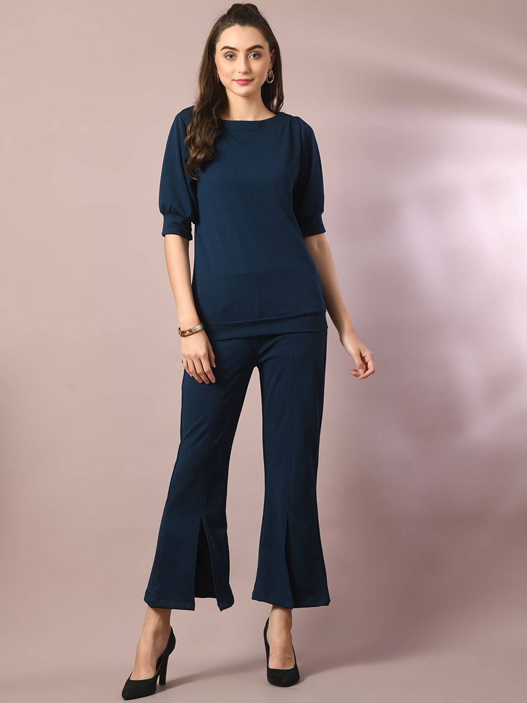 The Roadster Lifestyle Co Women Flared Fit Wrinkle Free Bootcut Trousers, Blue