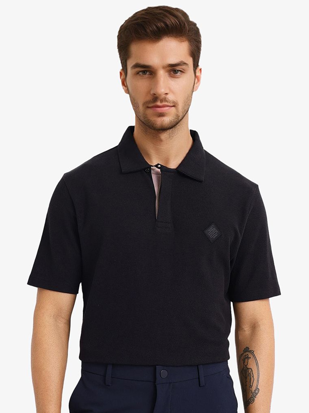 

RARE RABBIT Men Mandarin Collar Pockets T-shirt, Black
