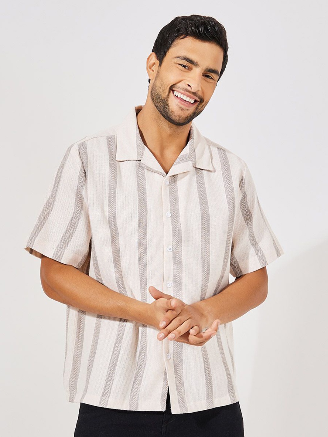 

Styli Men Striped Cuban Collar Cotton Relaxed Fit Casual Shirt, Cream