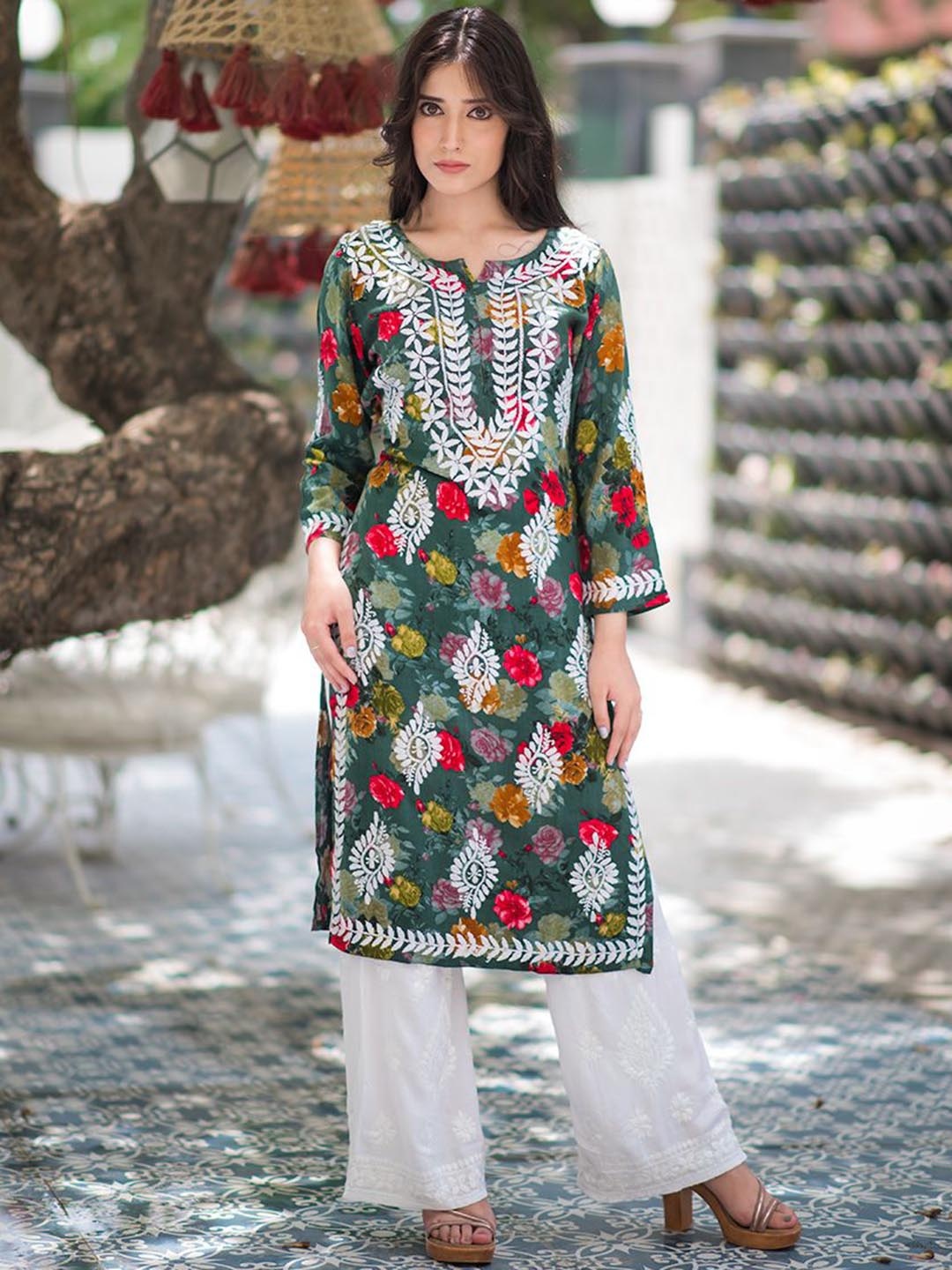 

Rangreza Ethnic Floral Embroidered & Printed Chikankari Notched Round Neck Straight Kurta, Green