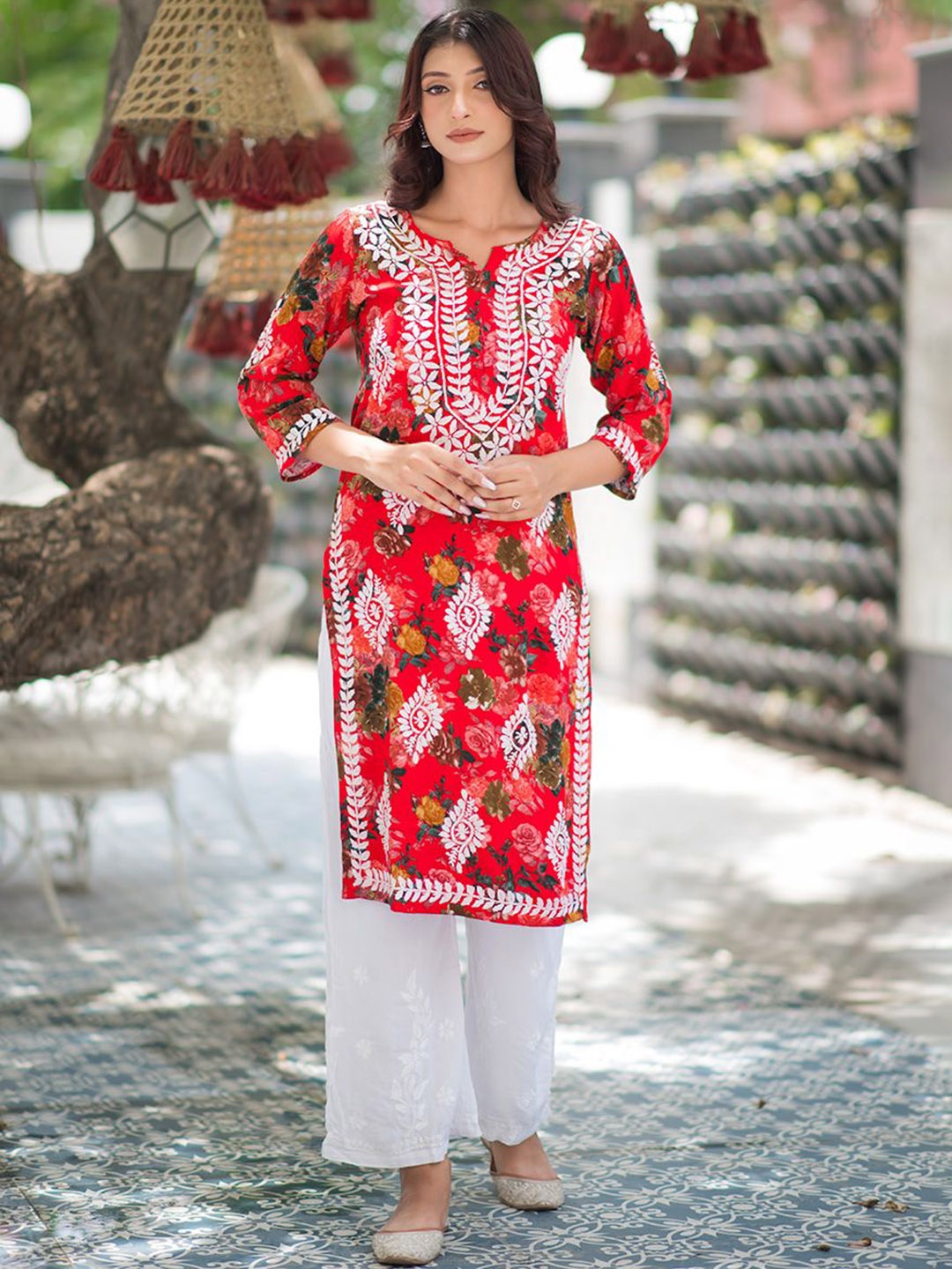 

Rangreza Ethnic Floral Embroidered & Printed Chikankari Notched Round Neck Straight Kurta, Red