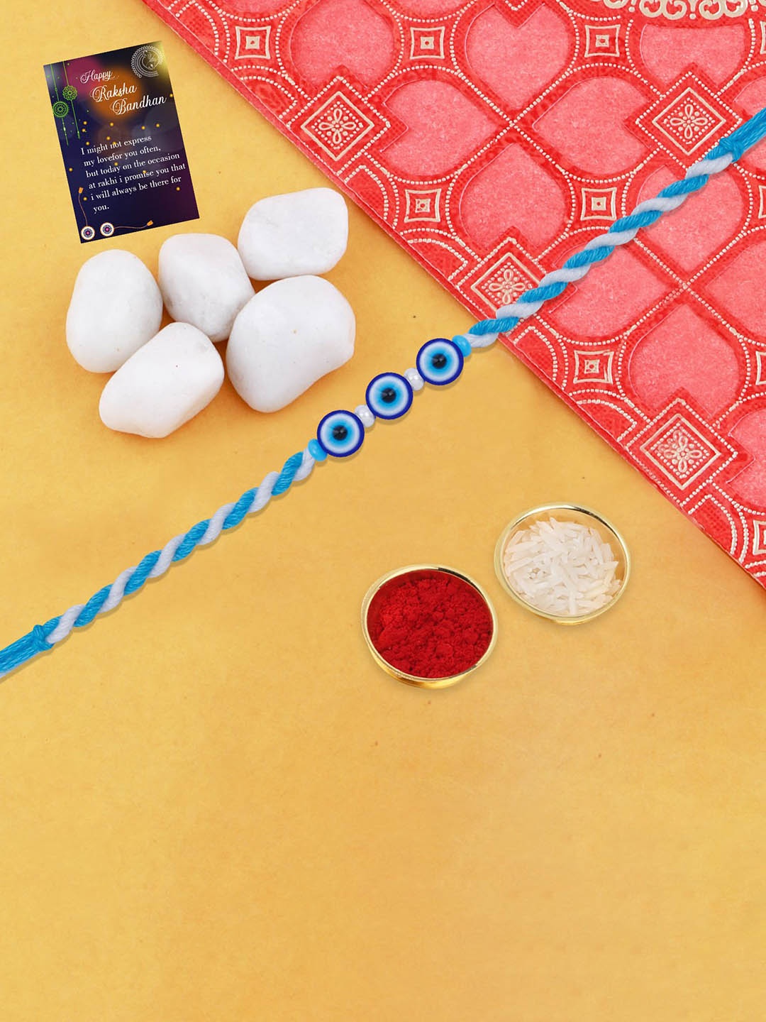 

Silver Shine Evil Eye Beaded Rakhi With Roli Chawal & Greeting Card, Blue