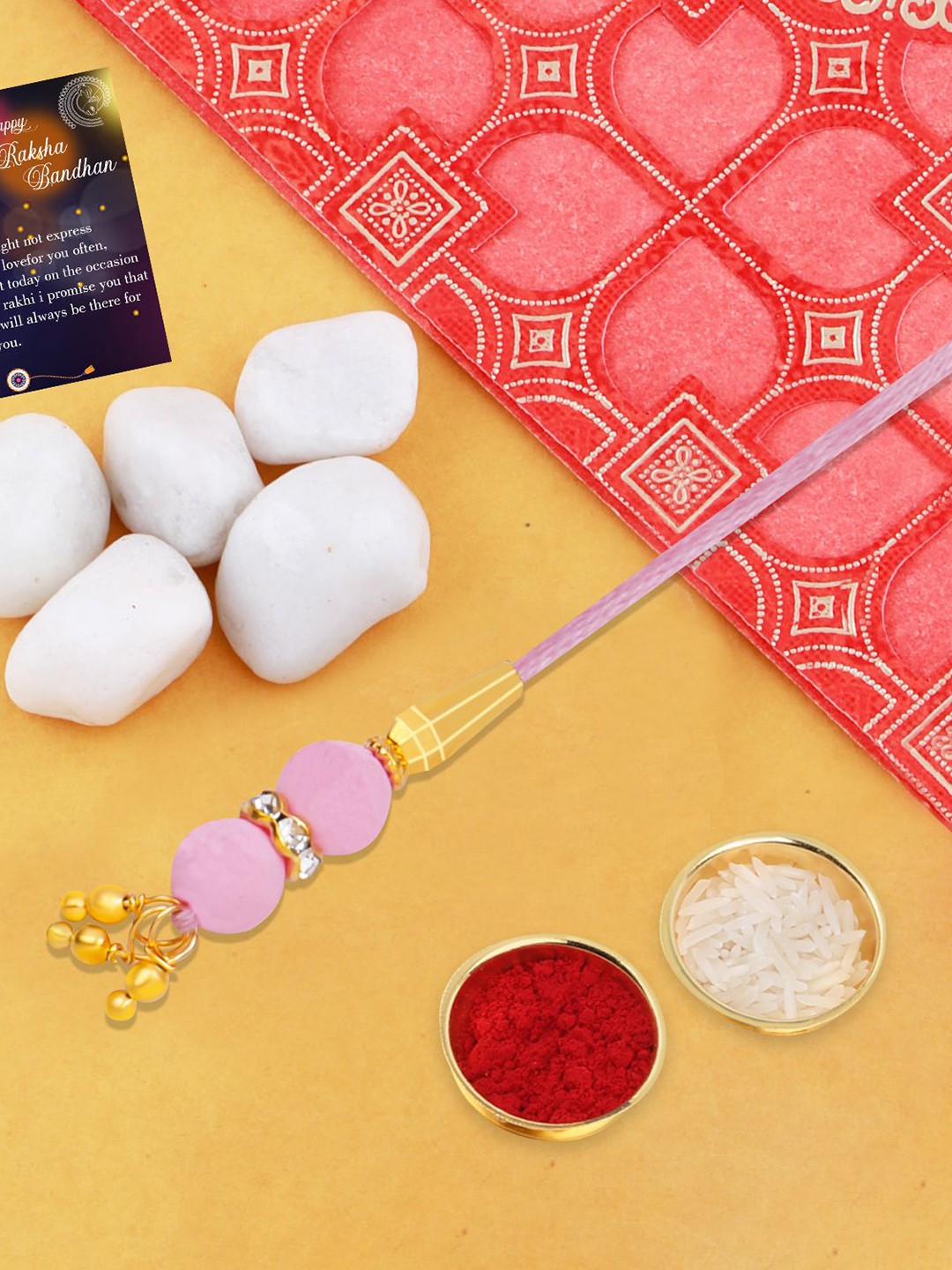 

Silver Shine Stone Studded & Beaded Lumba Rakhi With Roli Chawal & Greeting Card, Pink