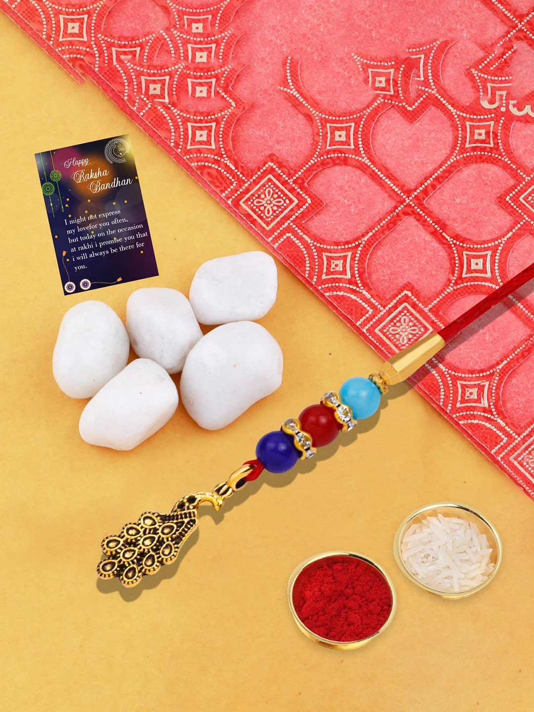 

Silver Shine Stone Studded & Beaded Lumba Rakhi With Roli Chawal & Greeting Card, Red