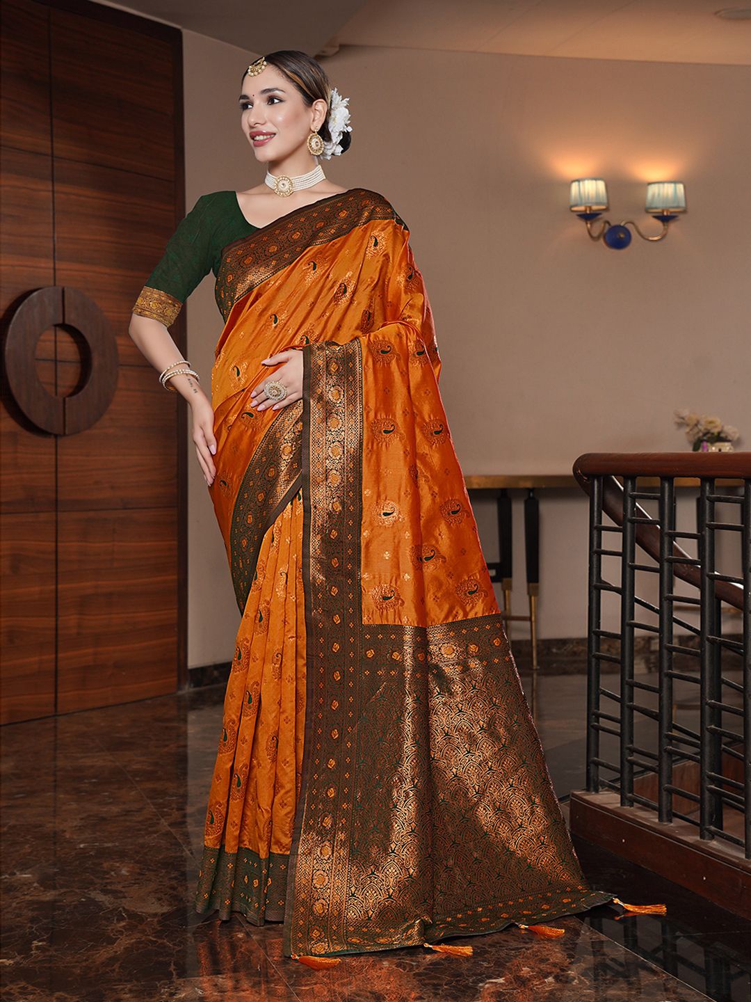 

JUST FASHION Ethnic Motifs Zari Banarasi Saree, Orange