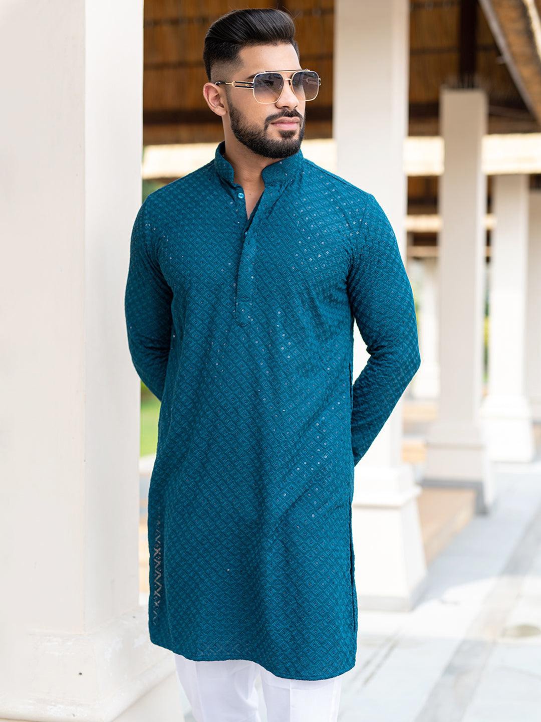 

FoxDX Floral Embroidered Sequinned Mandarin Collar Straight Kurta, Blue