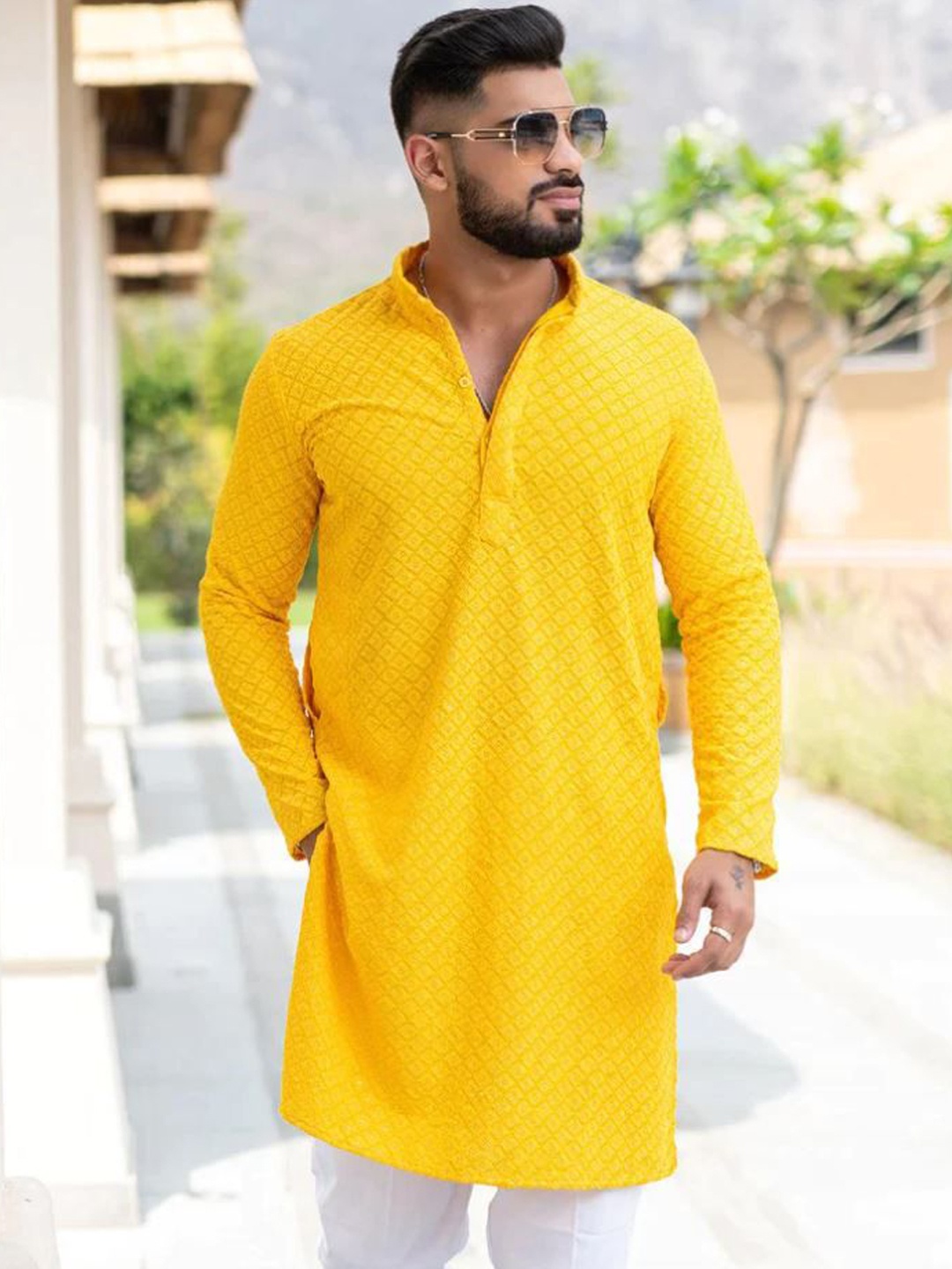 

FoxDX Floral Embroidered Sequinned Mandarin Collar Straight Kurta, Yellow