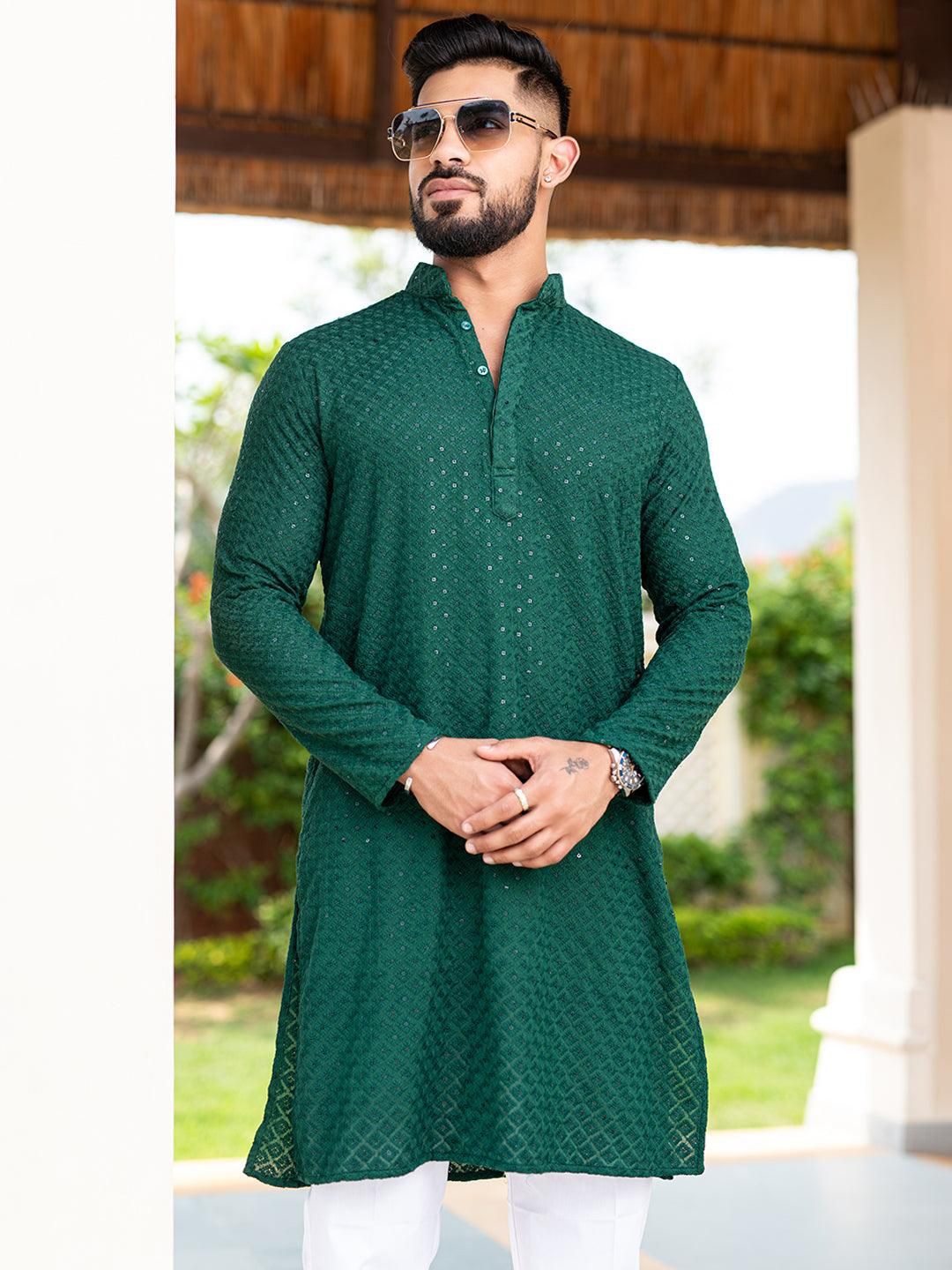 

FoxDX Floral Embroidered Sequinned Mandarin Collar Straight Kurta, Green