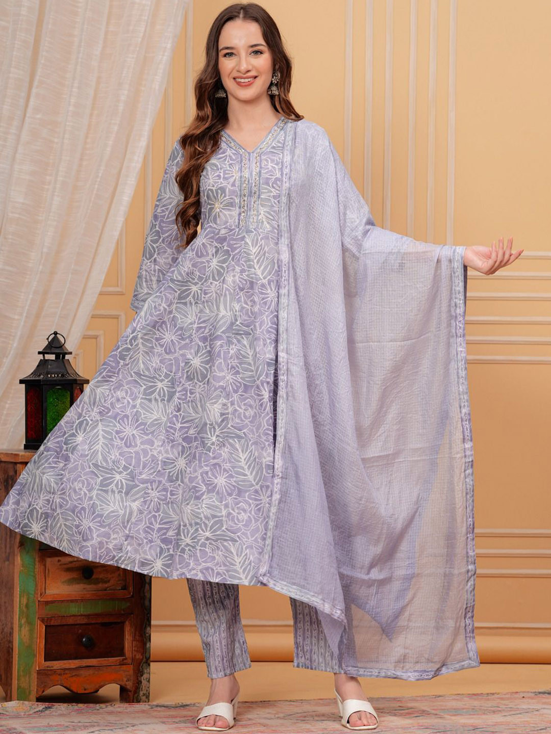 

JVSP FASHION Floral Printed Pure Cotton A-Line Kurta with Trousers & Dupatta, Grey