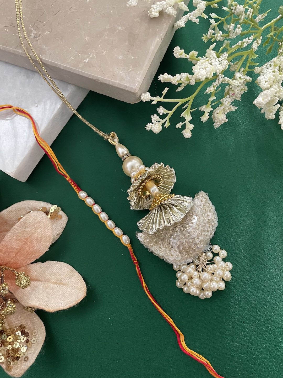 

Digital Dress Room Pearls Beaded Thread Bhaiya Bhabhi Rakhis, White