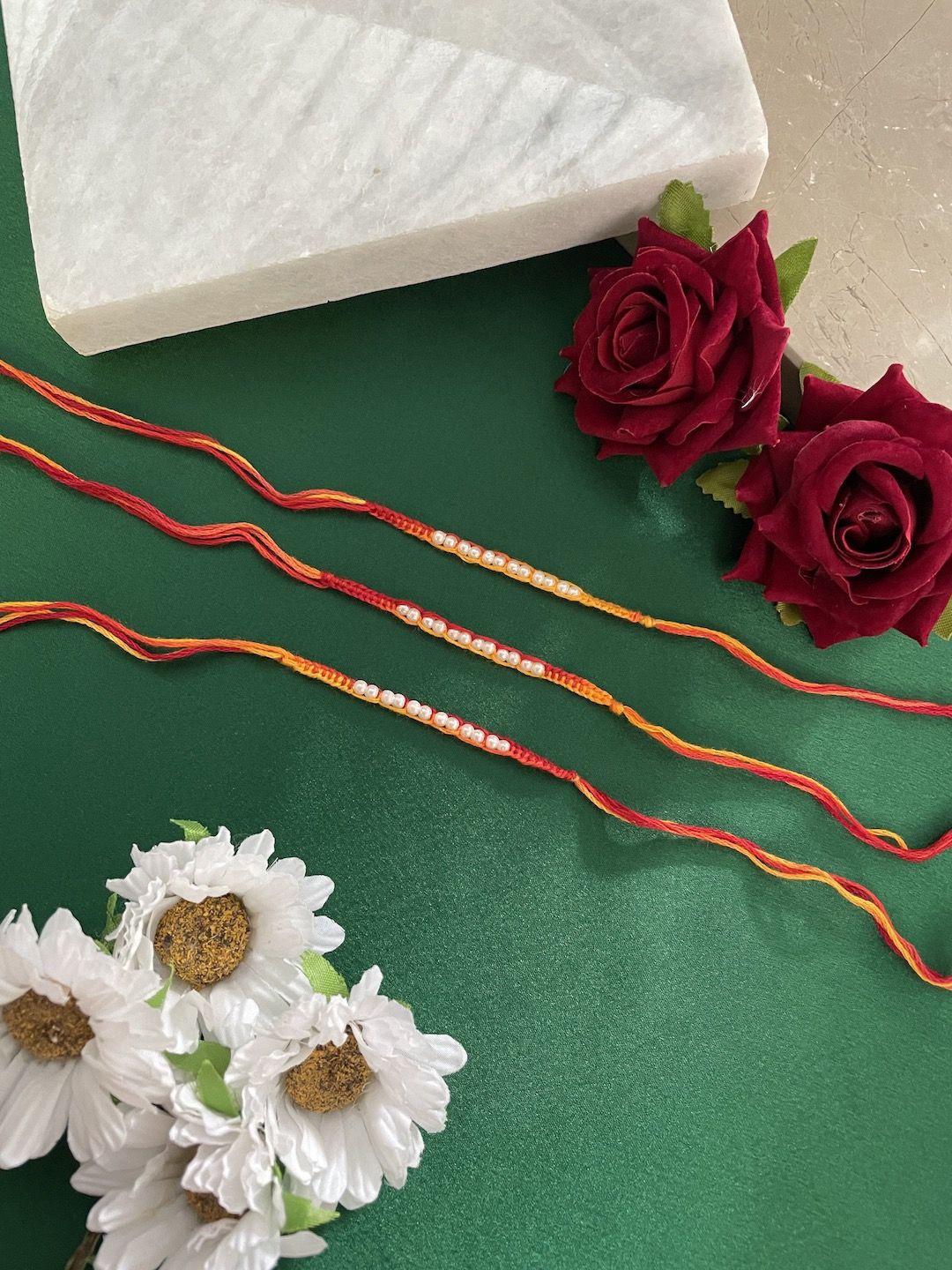 

Digital Dress Room Set Of 3 Pearls Beaded Thread Rakhis, Red