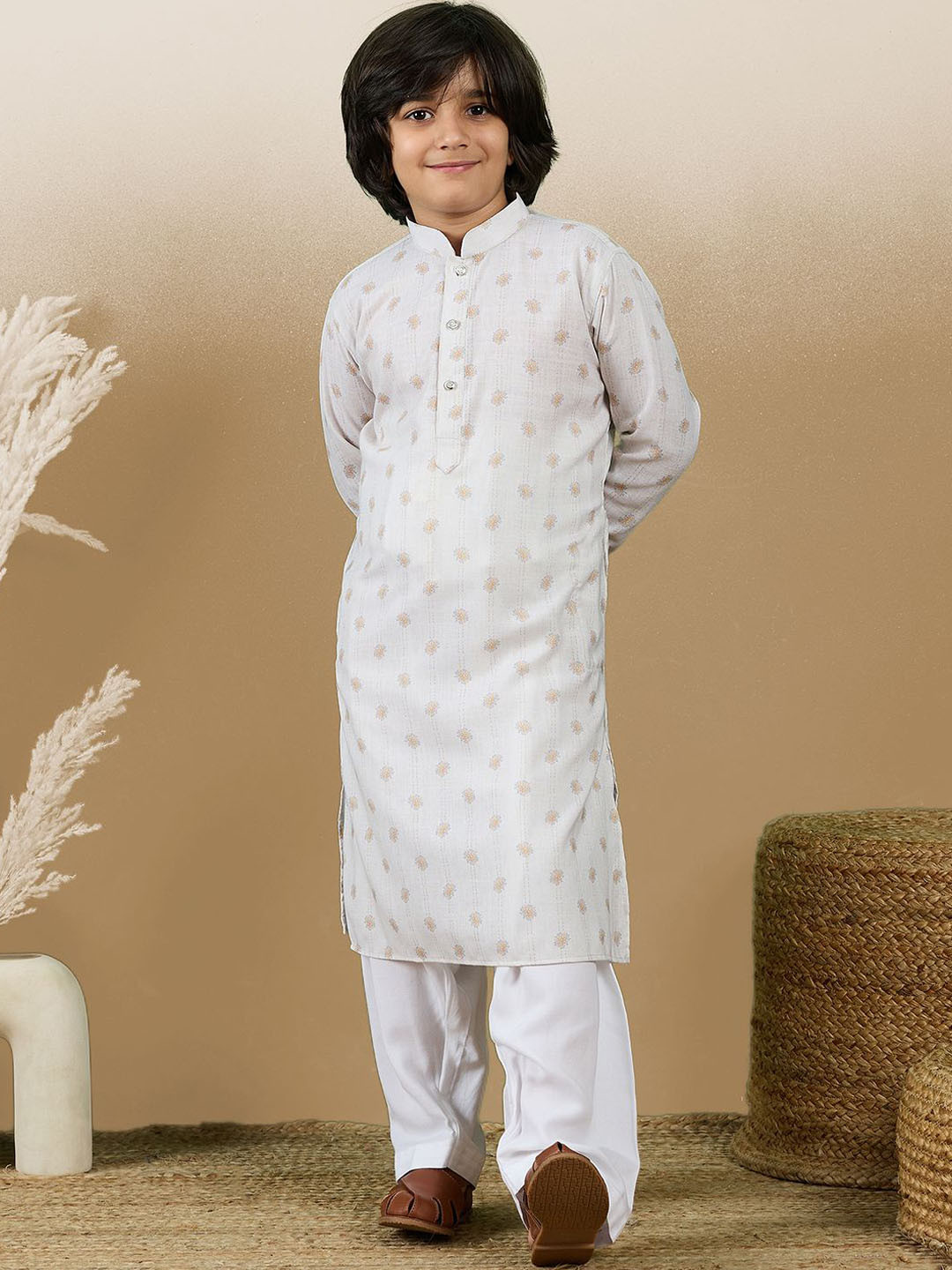 

Sanwara Boys Printed Regular Kurta with Patiala, Beige
