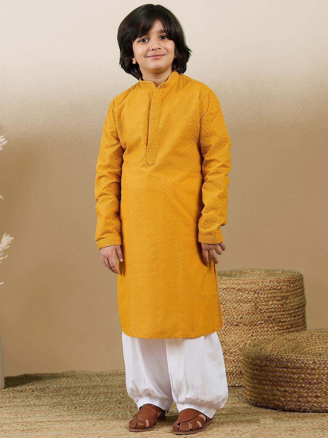 

Sanwara Boys Floral Chikankari Mandarin Collar Regular Kurta with Patiala, Mustard