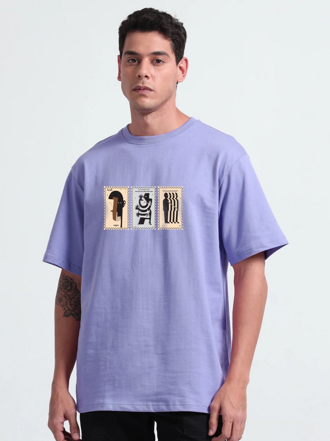 

MISCHIEF MONKEY Men Graphic Printed Round Neck Cotton Oversized T-Shirt, Lavender