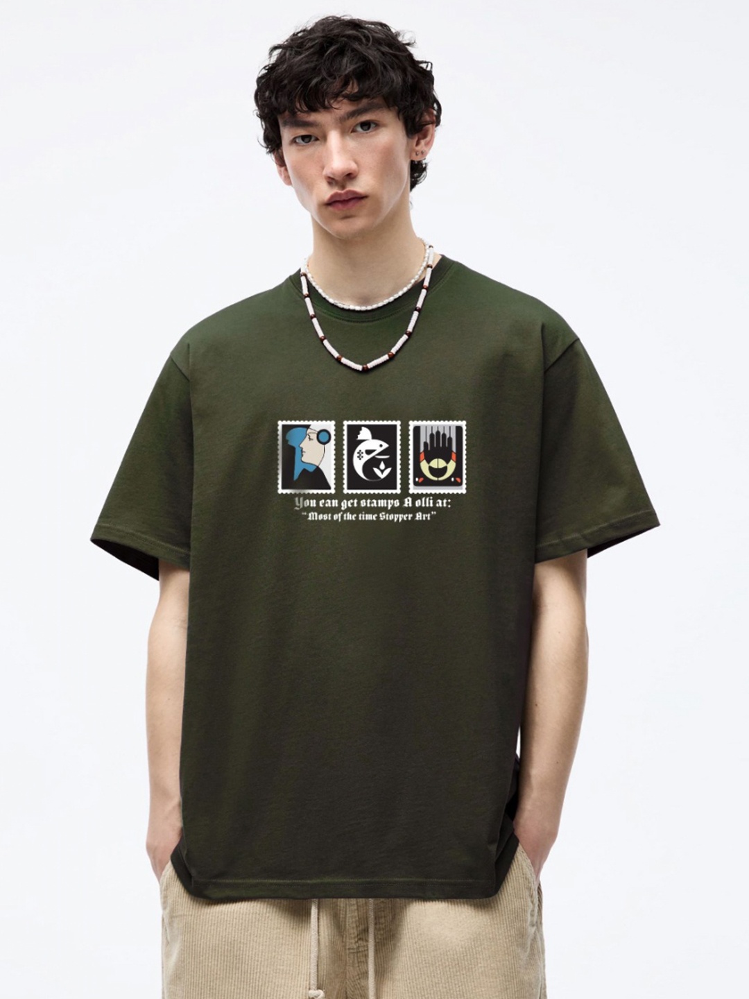 

MISCHIEF MONKEY Men Graphic Printed Round Neck Cotton Oversized T-Shirt, Olive