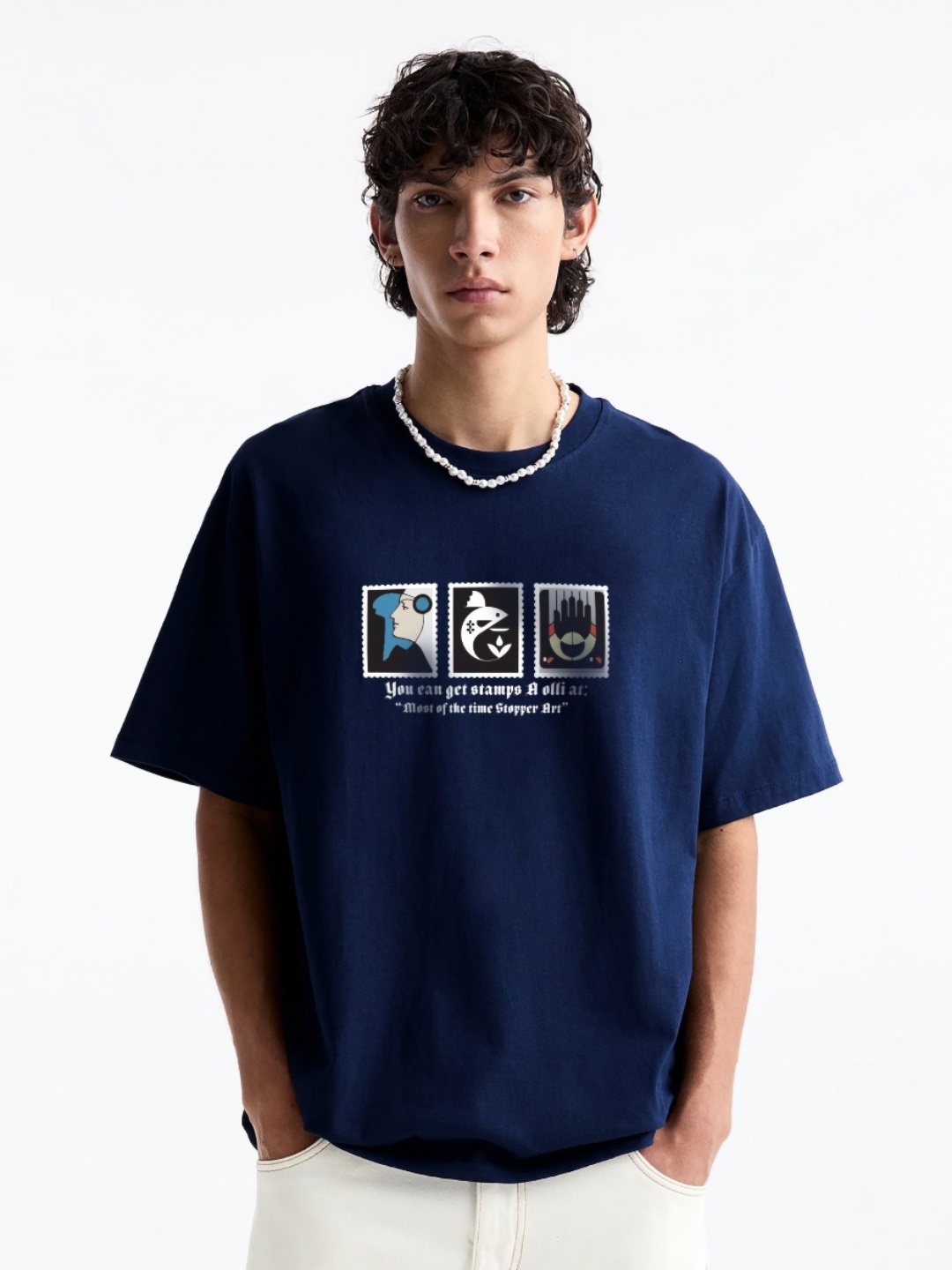 

MISCHIEF MONKEY Men Graphic Printed Round Neck Cotton Oversized T-Shirt, Navy blue