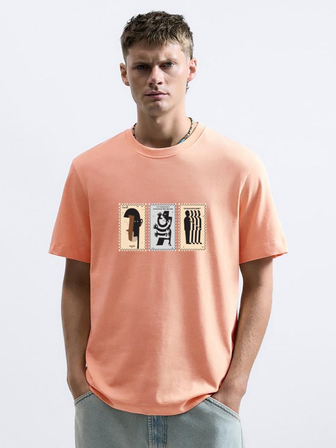

MISCHIEF MONKEY Men Graphic Printed Round Neck Cotton Oversized T-Shirt, Peach
