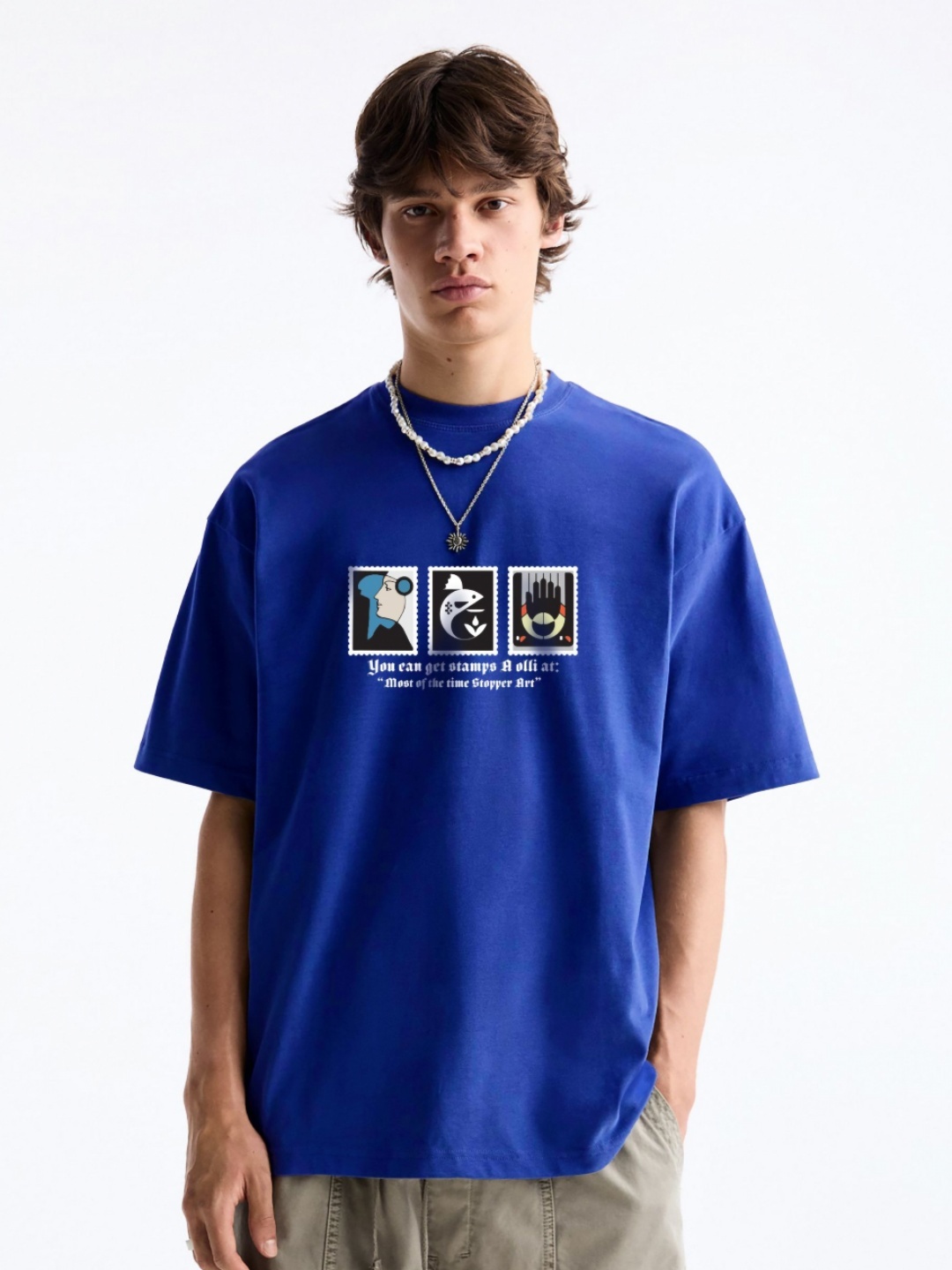 

MISCHIEF MONKEY Men Graphic Printed Round Neck Cotton Oversized T-Shirt, Blue