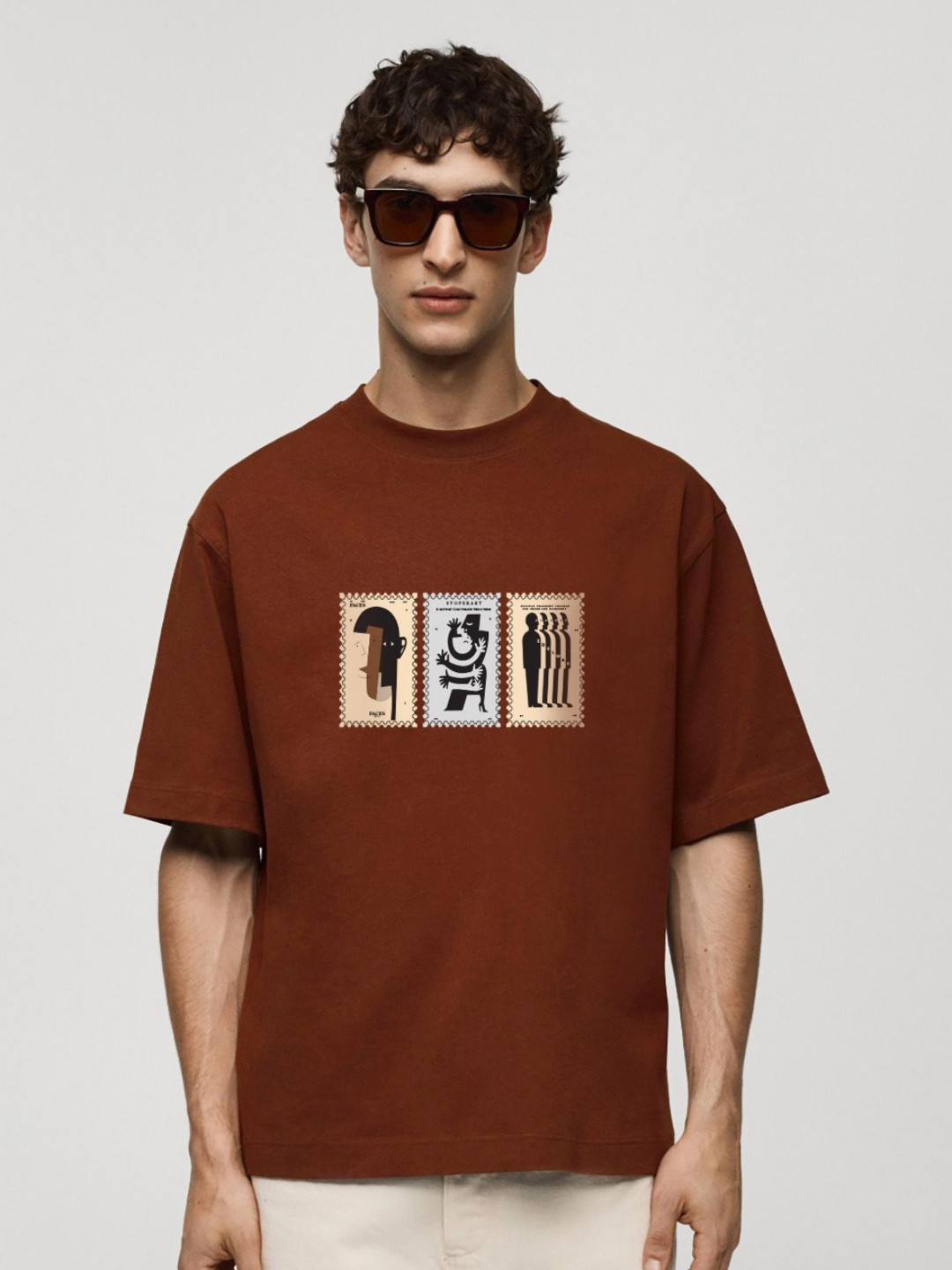 

MISCHIEF MONKEY Men Graphic Printed Round Neck Cotton Oversized T-Shirt, Brown