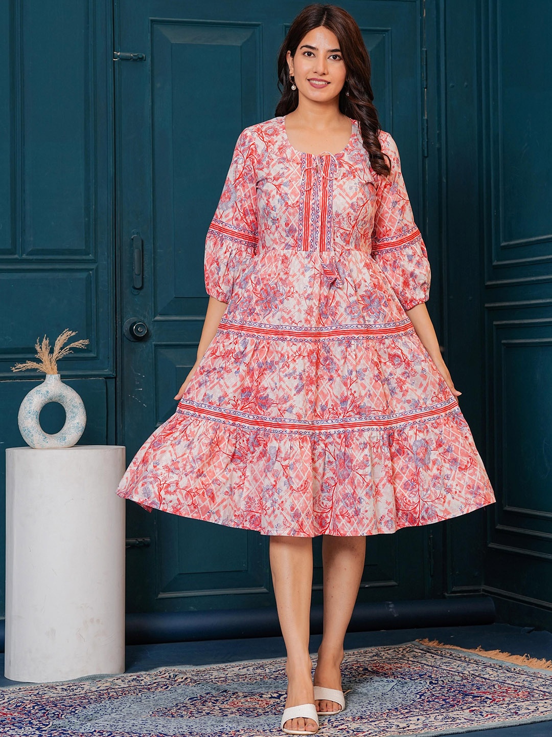 

Shikhaa Style Ethnic Motifs Print Puff Sleeve Cotton A-Line Ethnic Dress, Multi