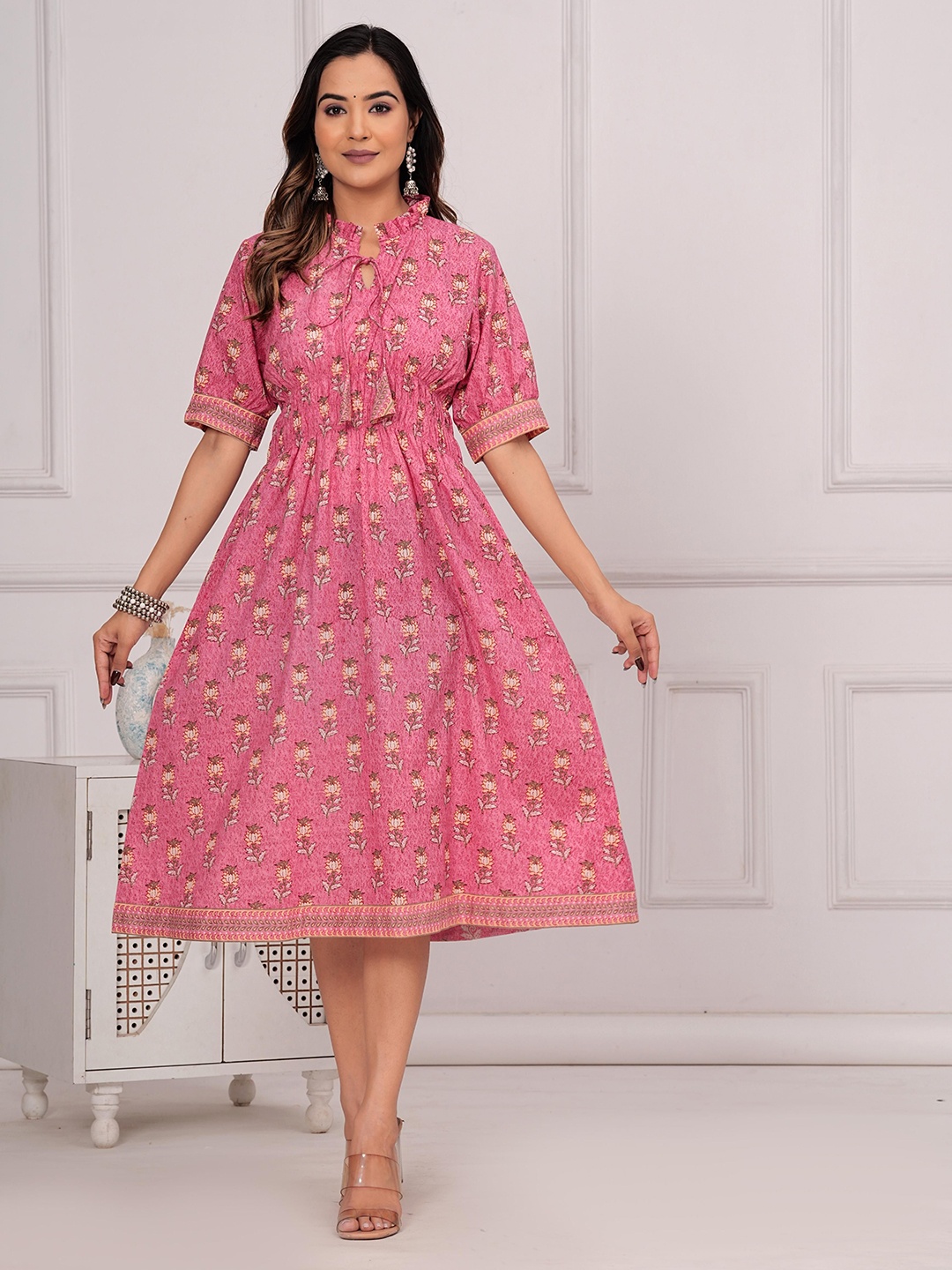 

Shikhaa Style Floral Printed Cotton A-Line Midi ethnic Dress, Peach