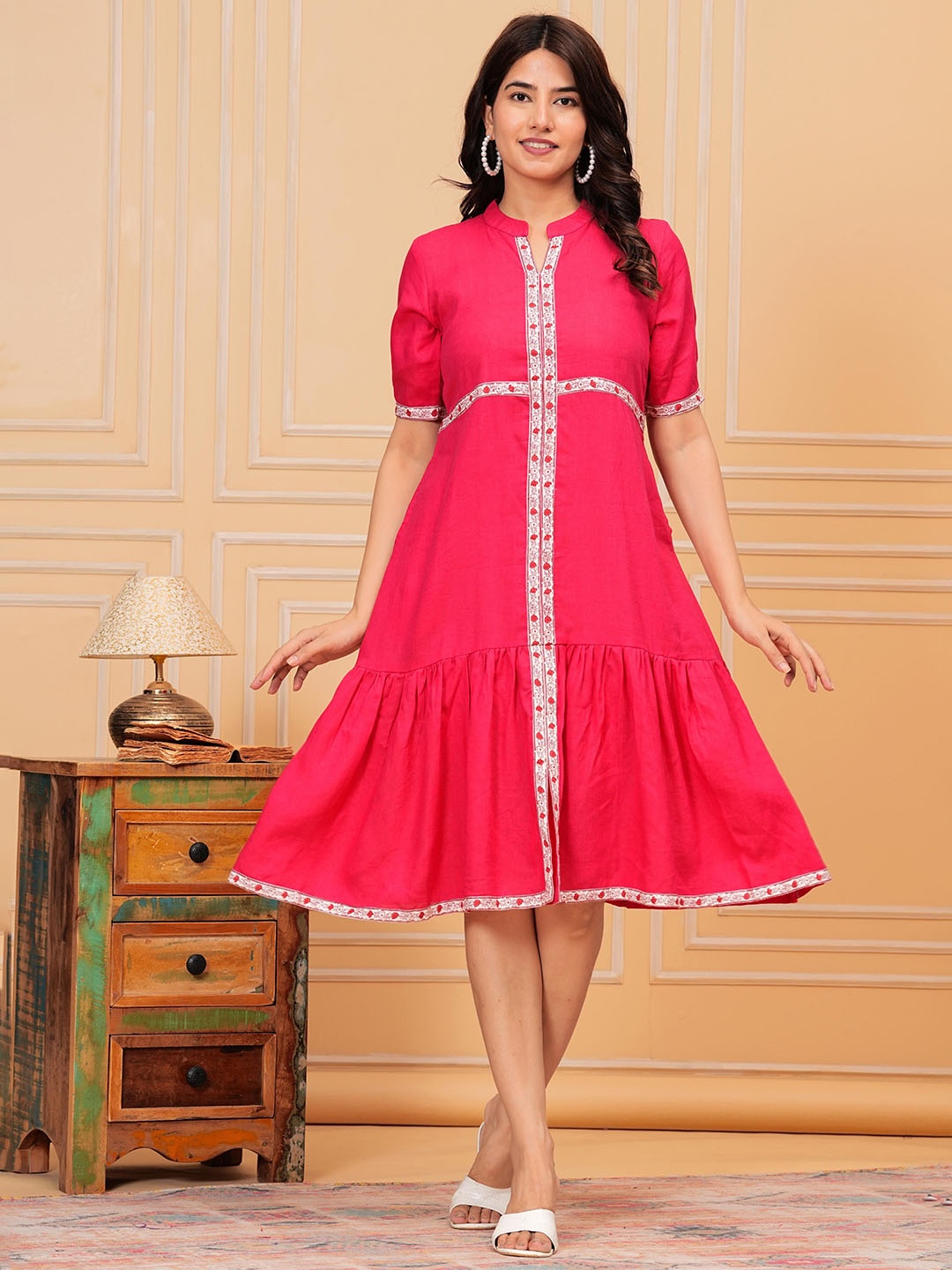 

Shikhaa Style Layered Solid A-Line Dress, Pink