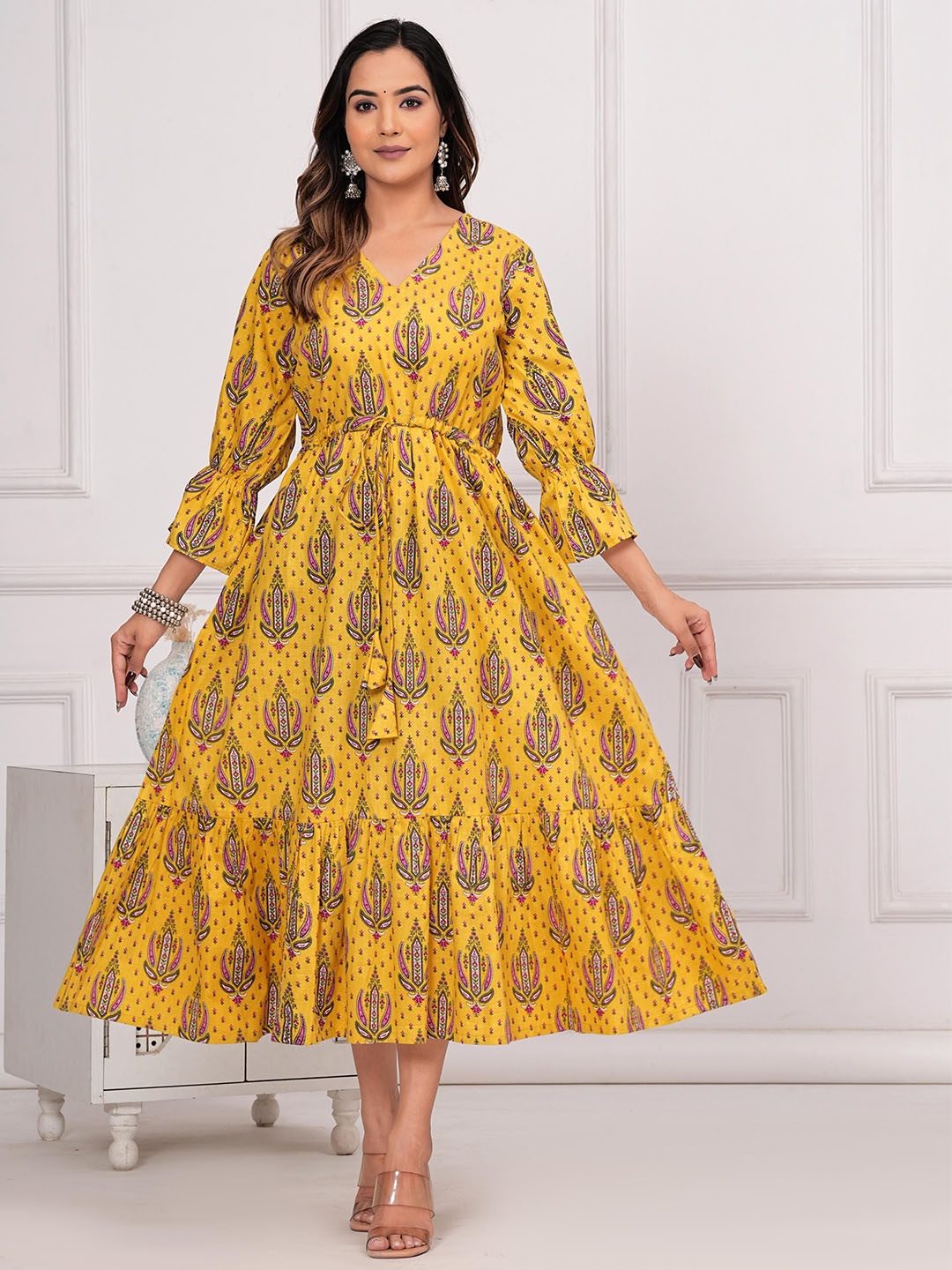 

Shikhaa Style Women Print Bell Sleeve Layered Midi A-Line Dress, Yellow