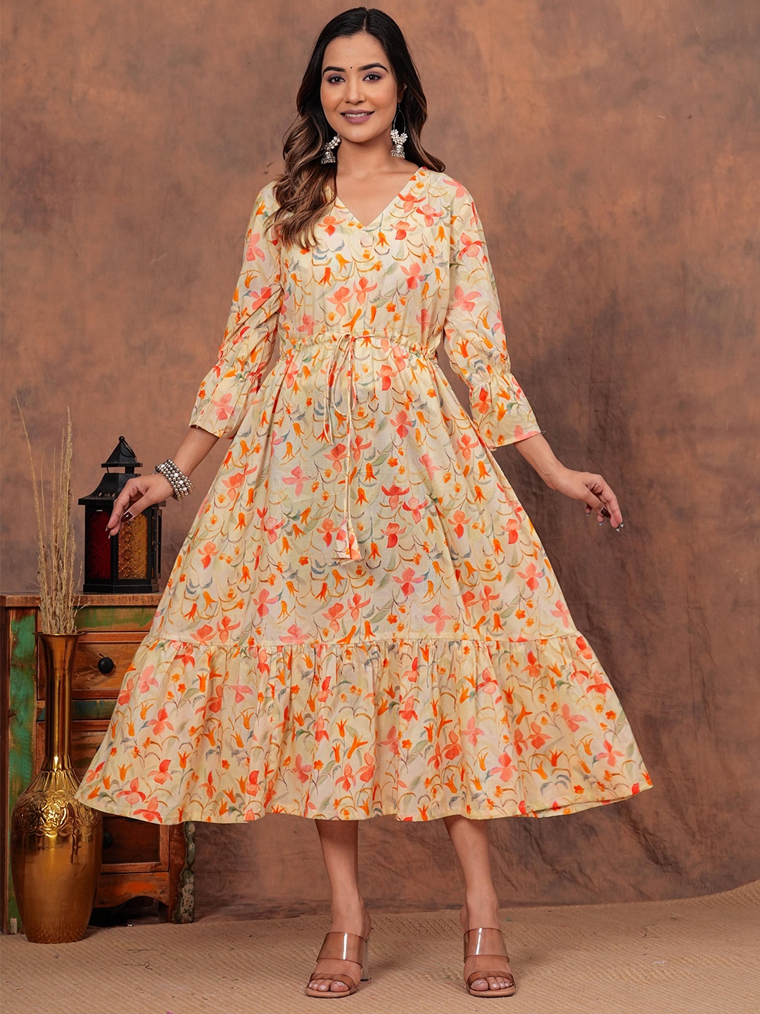 

Shikhaa Style Floral Printed A-Line Midi Dress, Yellow