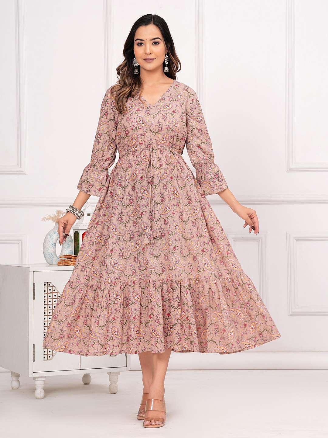 

Shikhaa Style Floral Print Cotton Puff Sleeve Layered A-Line Maxi Dress, Beige