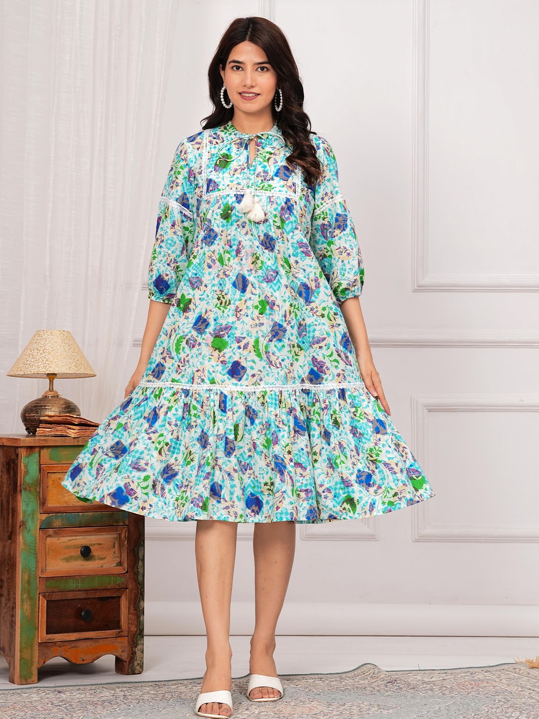 

Shikhaa Style Floral Printed Puff Sleeve Layered Lace Work A-Line Midi Dress, Blue