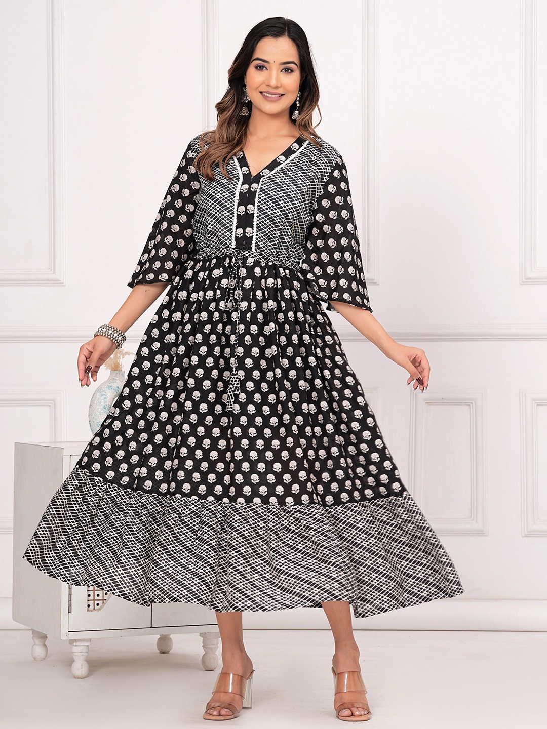 

Shikhaa Style Ethnic Motifs Print Cotton Flared Sleeve A-Line Midi Ethnic Dress, Black