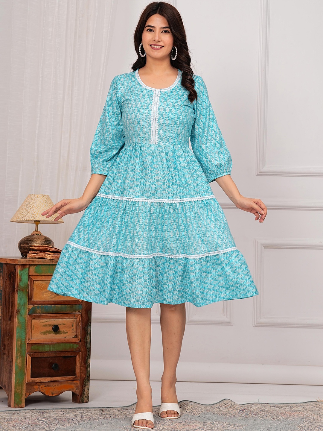 

Shikhaa Style Ethnic Motifs Printed Lace Work Tiered Cotton Fit & Flare Ethnic Dress, Blue