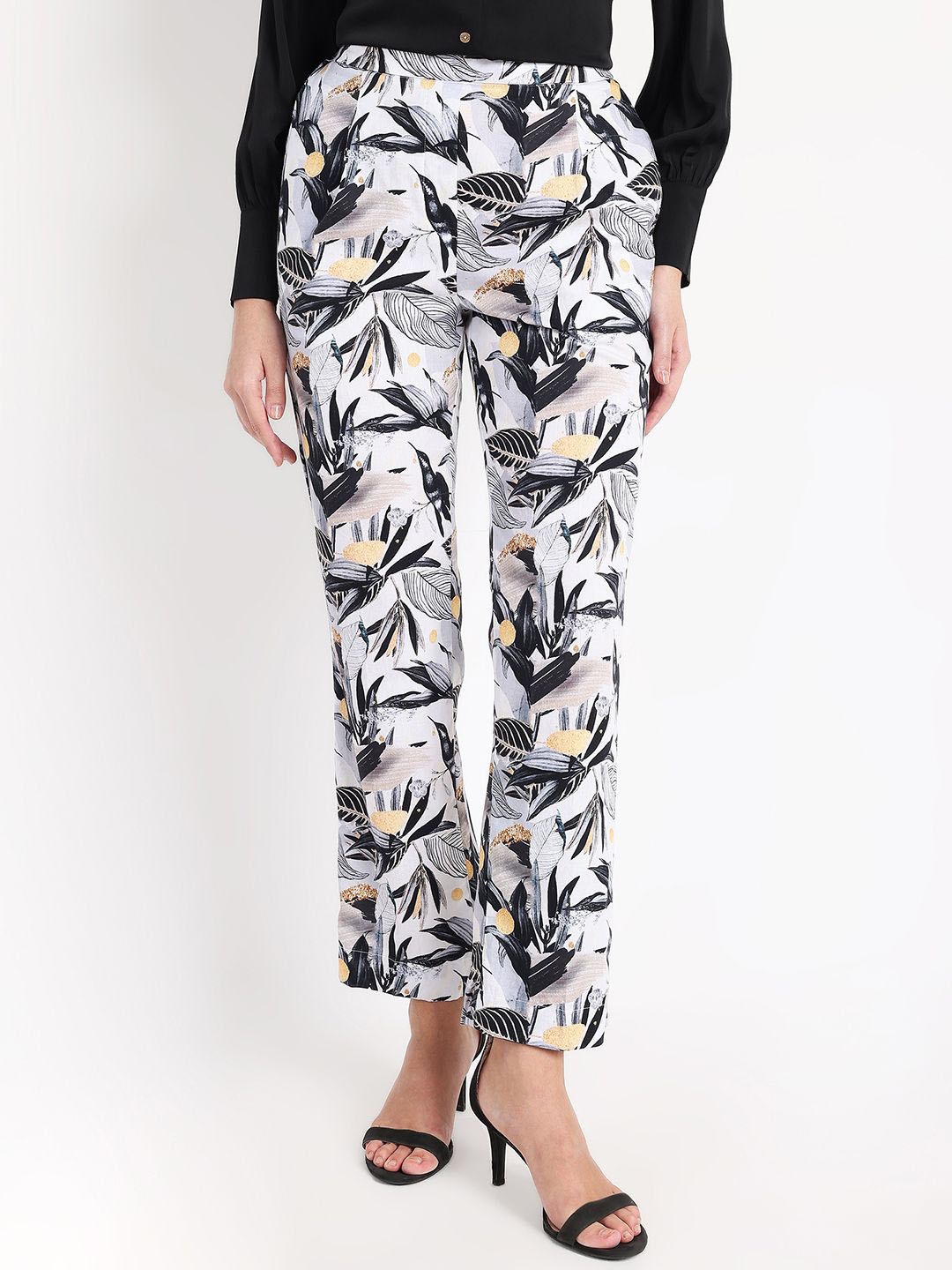 

RAREISM Women Floral Printed Tailored Straight Fit High-Rise Trousers, Off white
