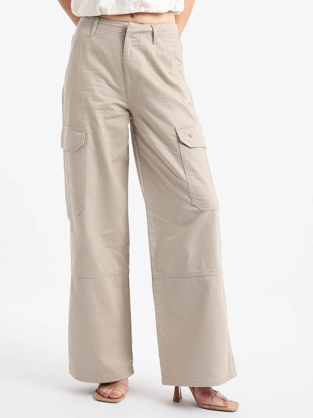 

RAREISM Women Tailored Loose Fit High-Rise Cargo Trouser, Beige